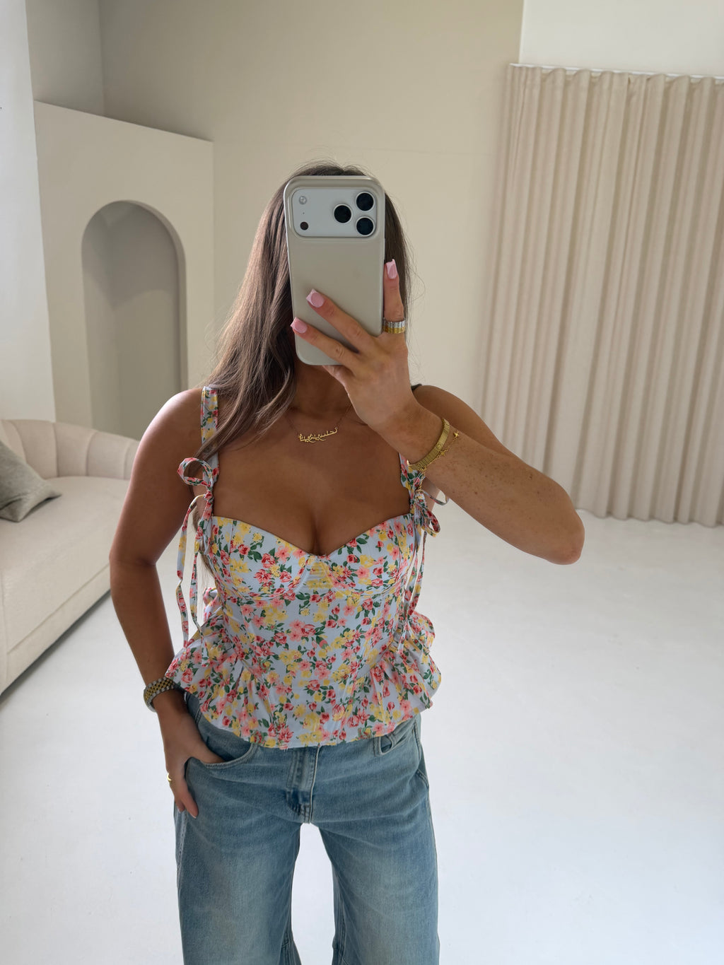 PEONY Floral Strappy Corset Bodice Top In Blue