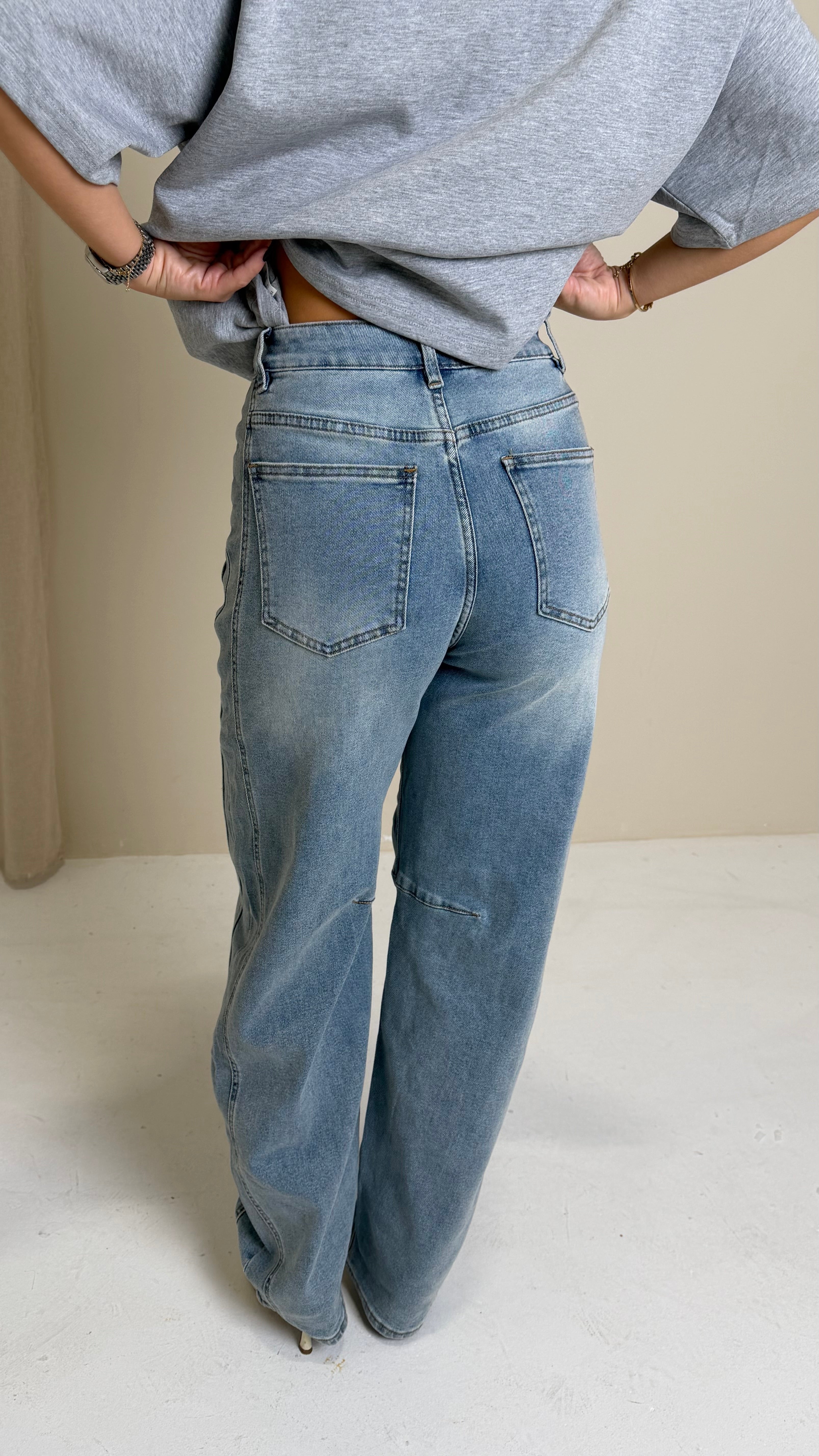 NEENA High Waisted Mid Wash Barrel Jeans In Blue