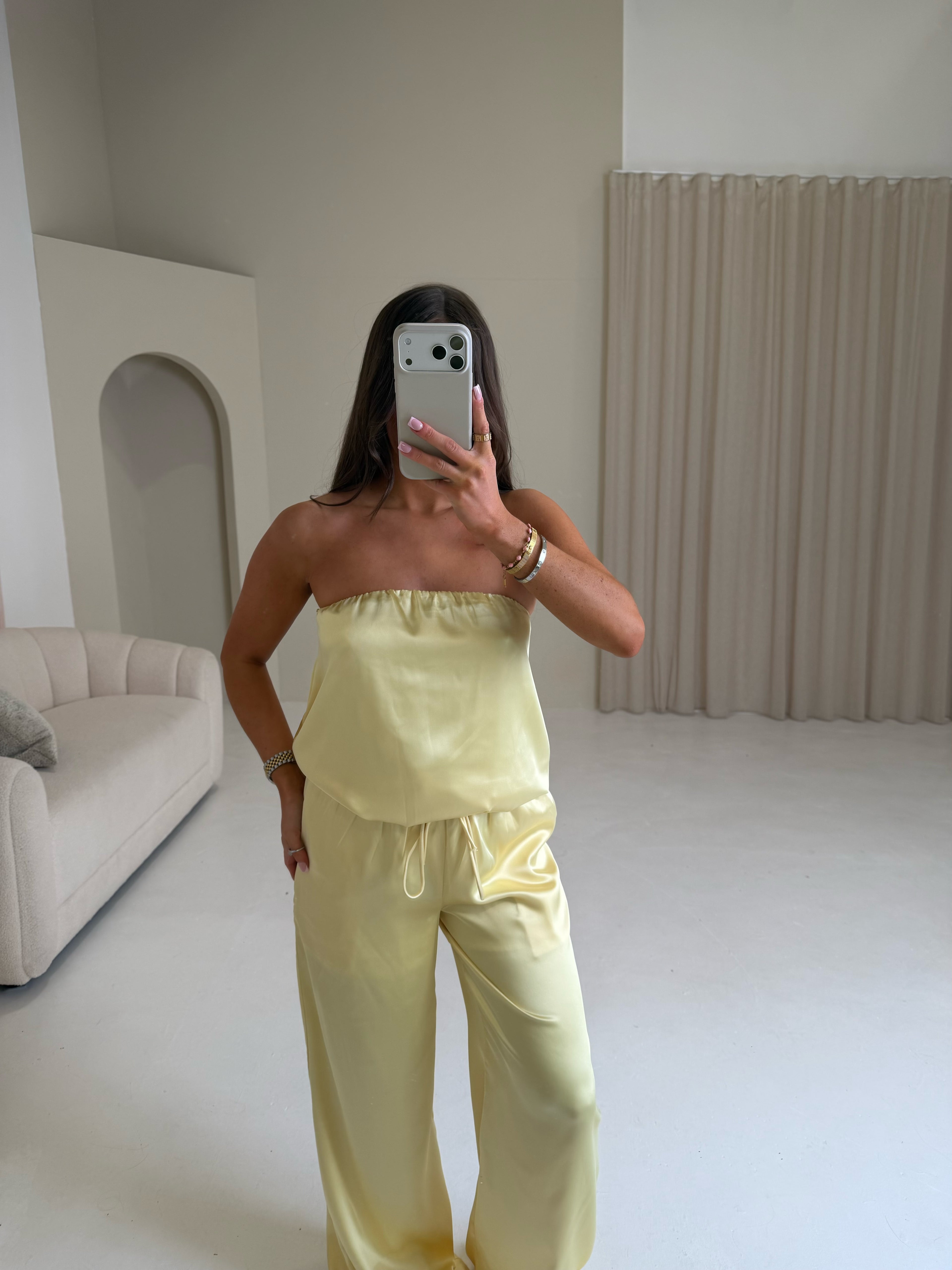 SEREN Satin Bandeau Top & Wide Leg Trousers In Lemon
