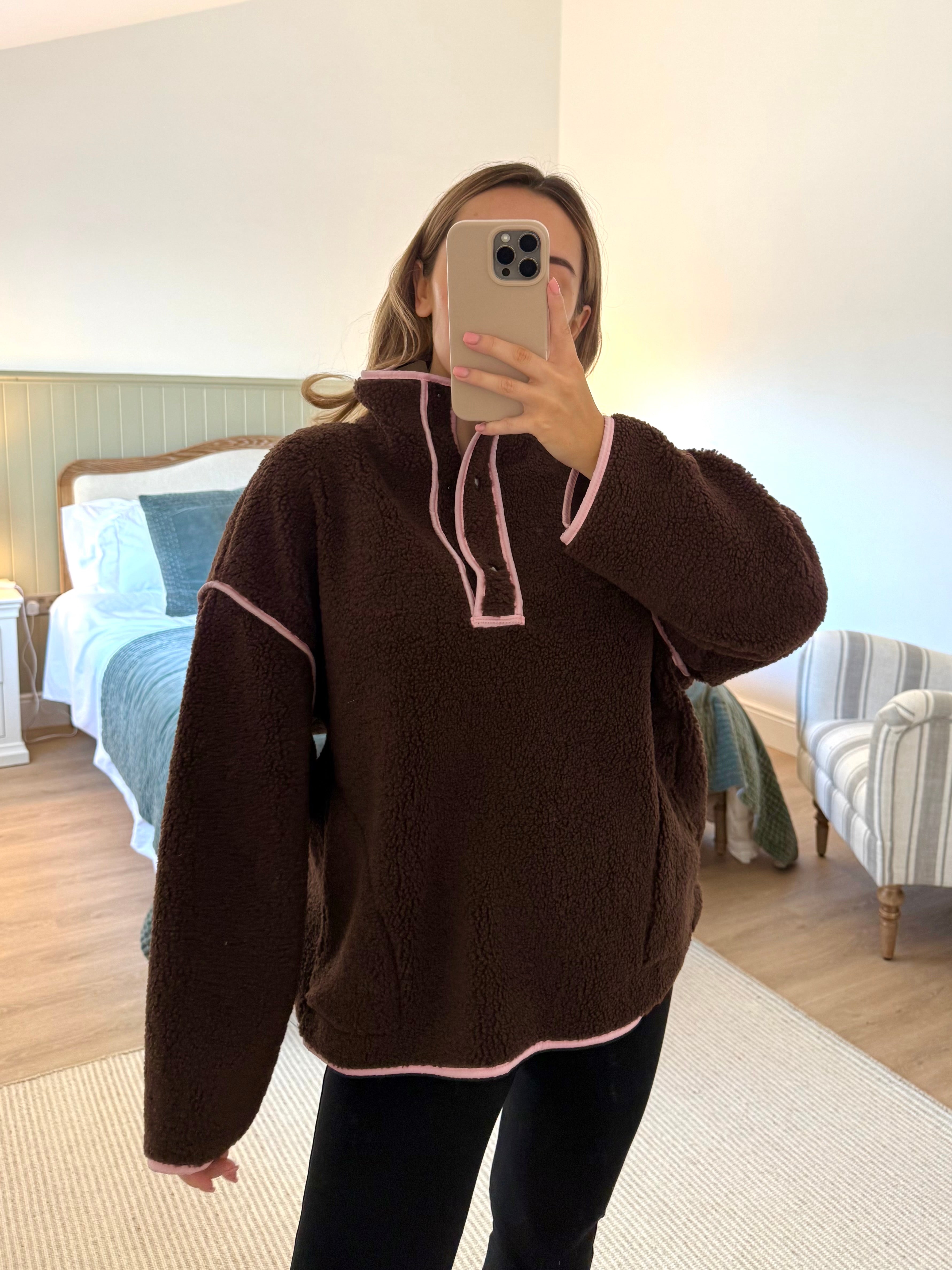 SADIE Shearling Long Sleeved Button Up Fleece In Strawberry Brownie