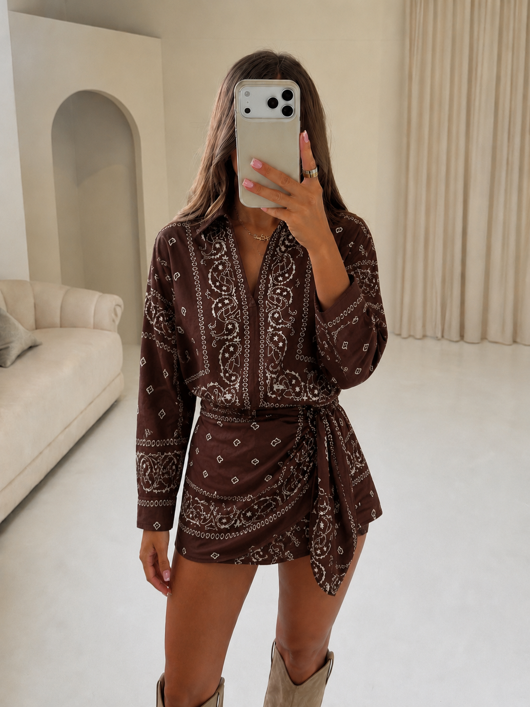 PUCCIE Button Up Shirt & Wrap Scarf Dress In Chocolate
