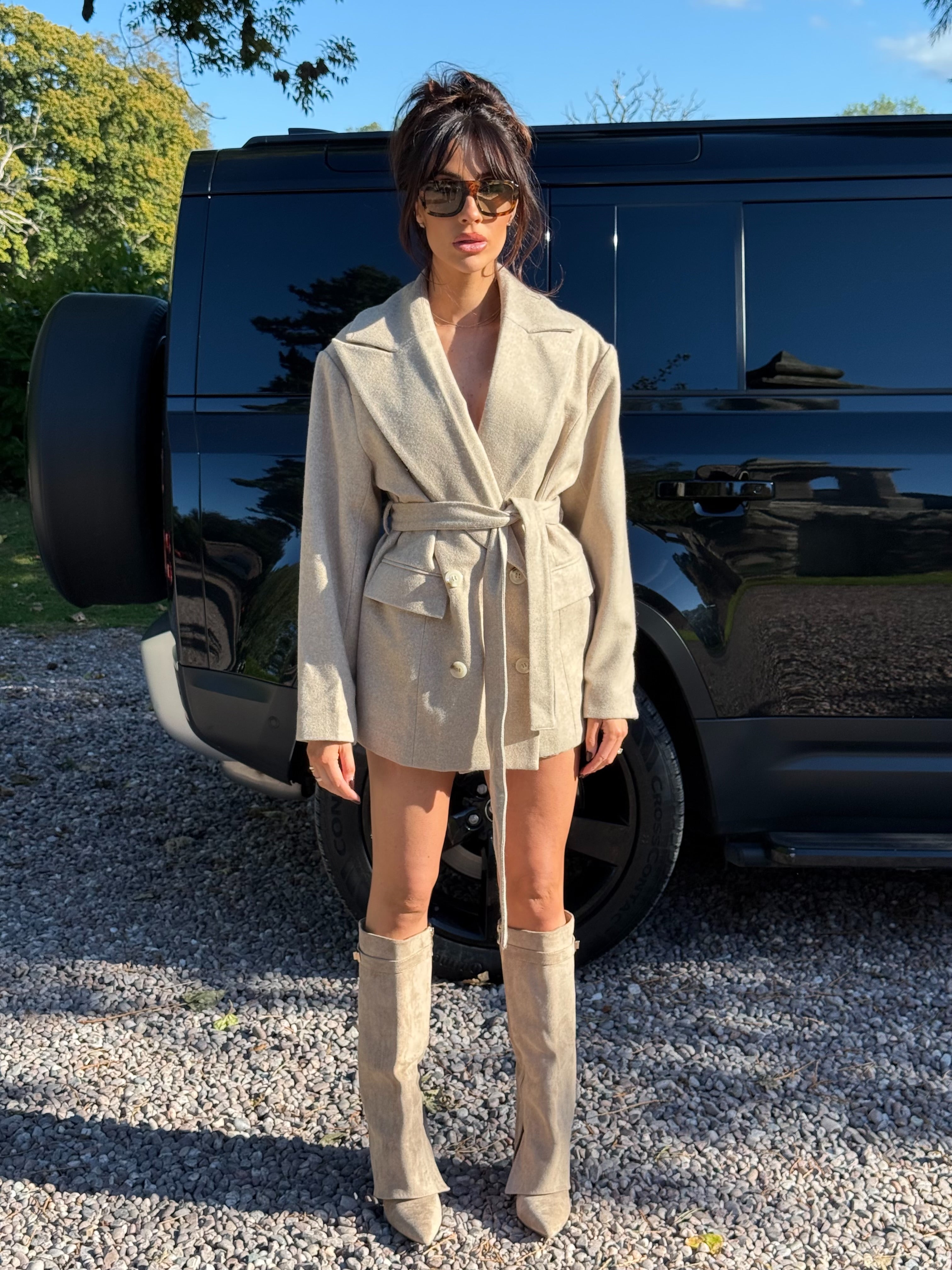 Caramella ODETTE Micro Herringbone Tweed Long Sleeved Tailored Jacket & Scarf In Biscuit