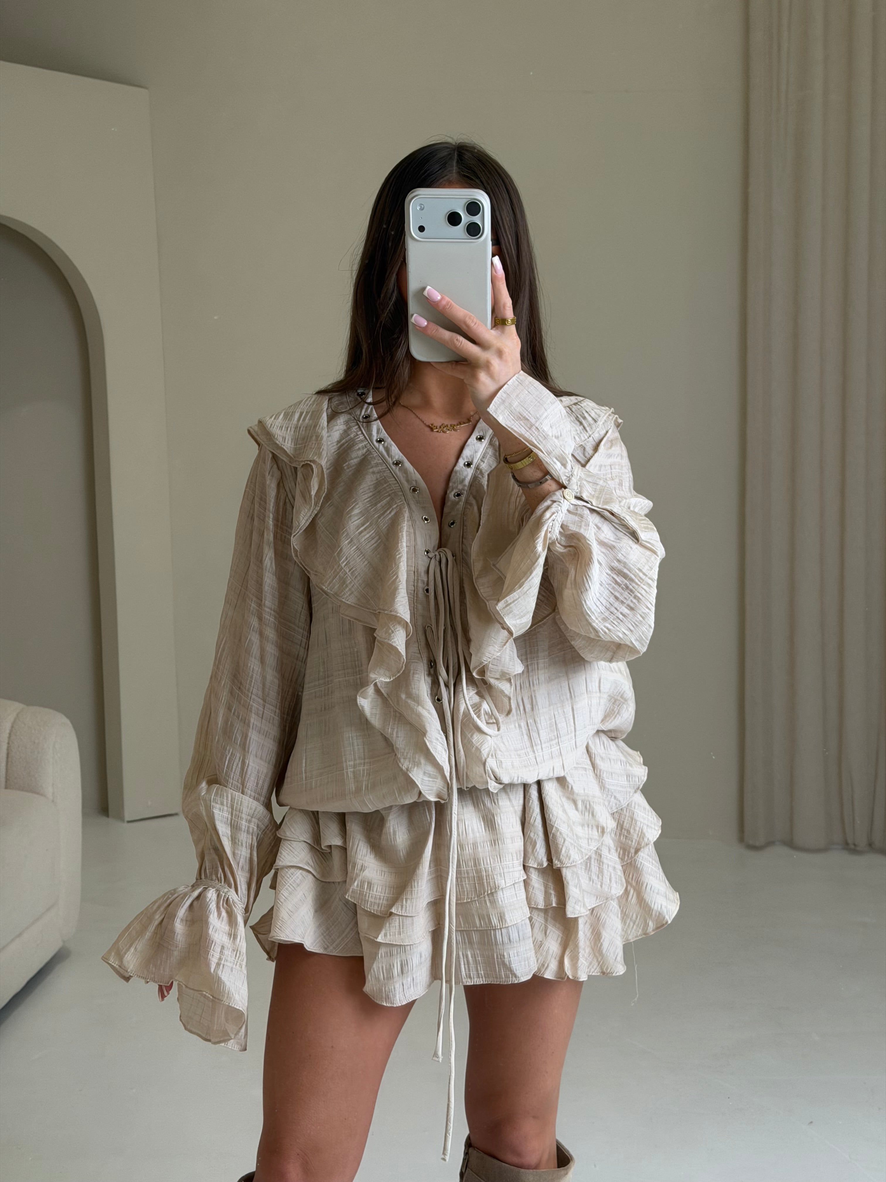 CANNES Ruffle Tie Up Long Sleeved Dress In Beige