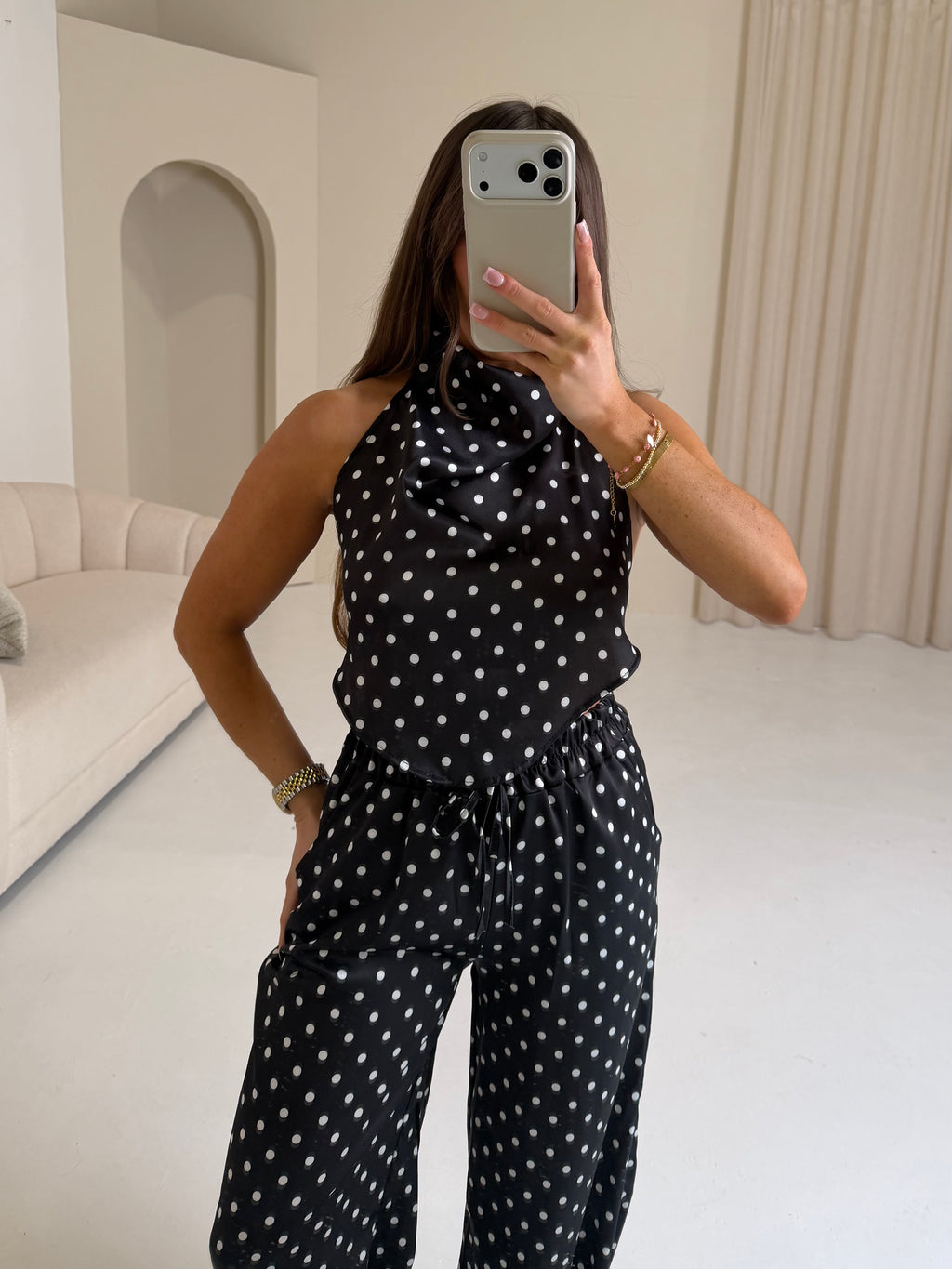 RIVIERA Polka Dot Bandeau Top & Wide Leg Trouser Co-Ord In Black