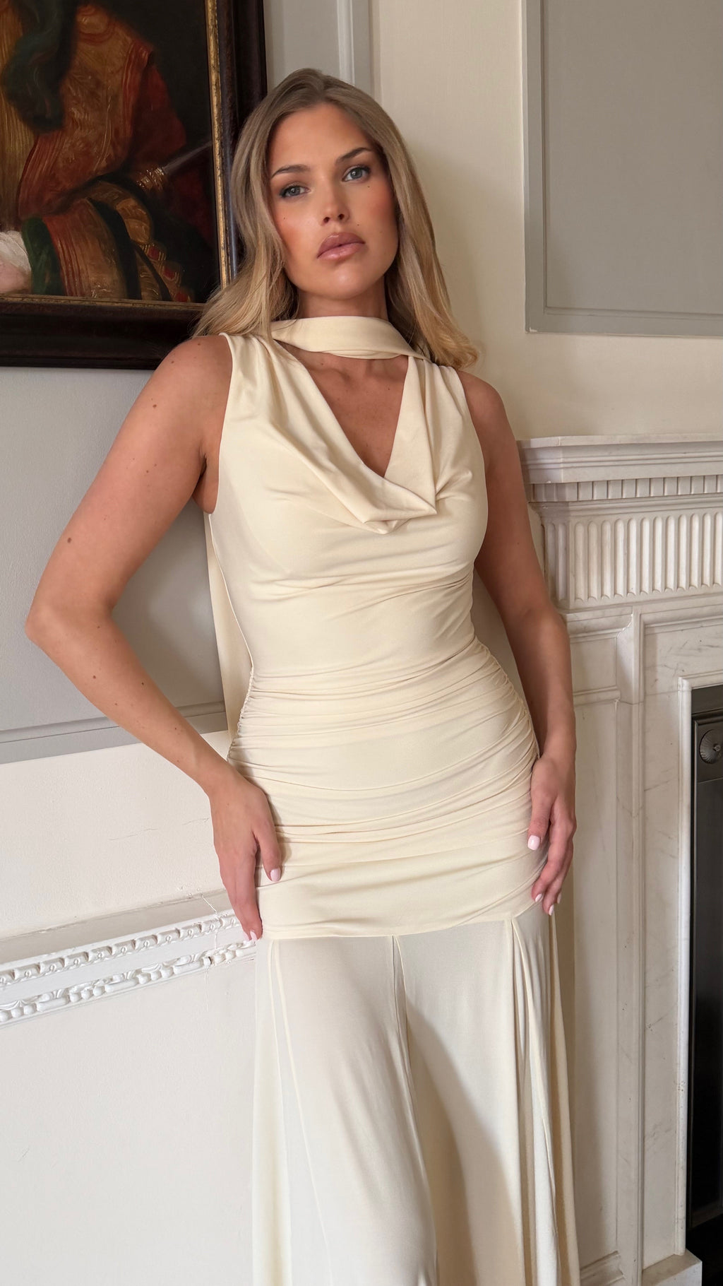 CORDELIA Ruched Drape Scarf Maxi Dress In Buttermilk