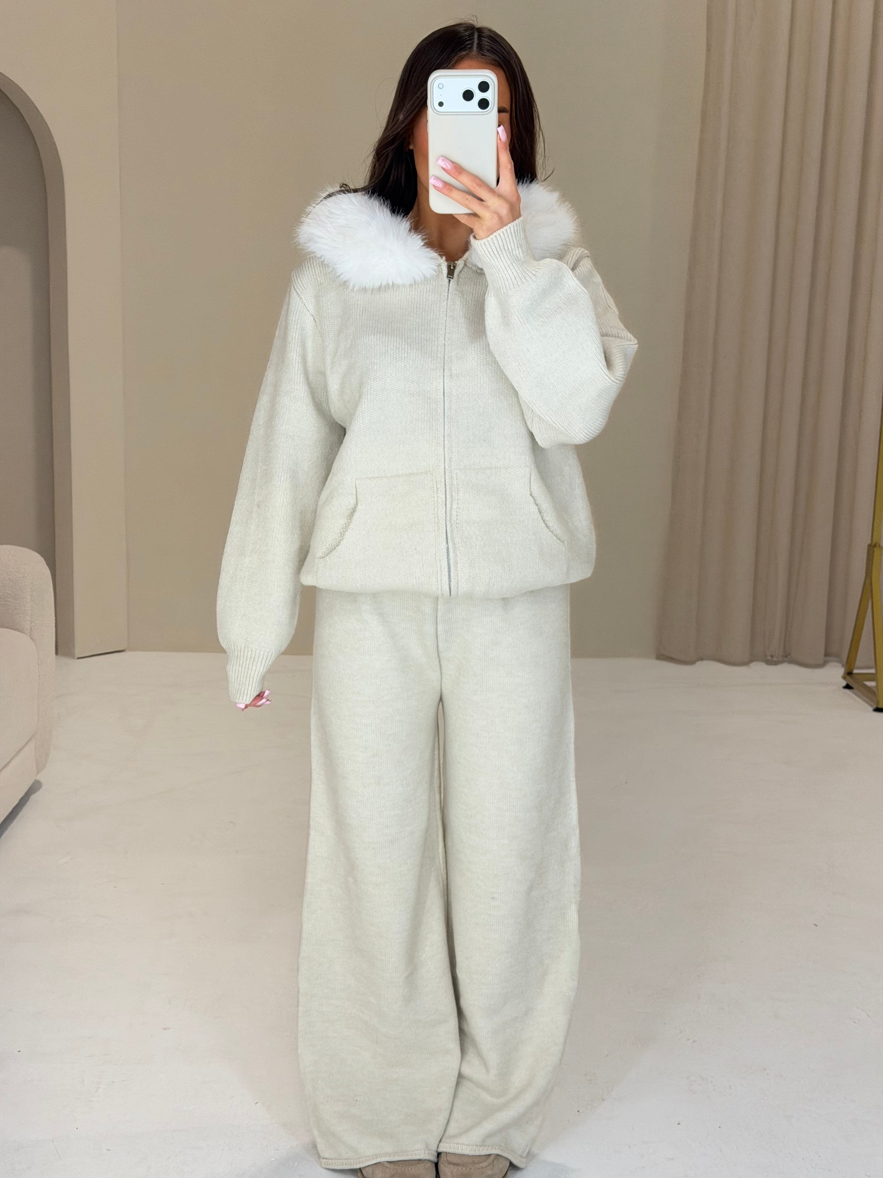 TEDDY Faux Fur Hooded Zip Up Top & Wide Leg Lounge Set In Cream