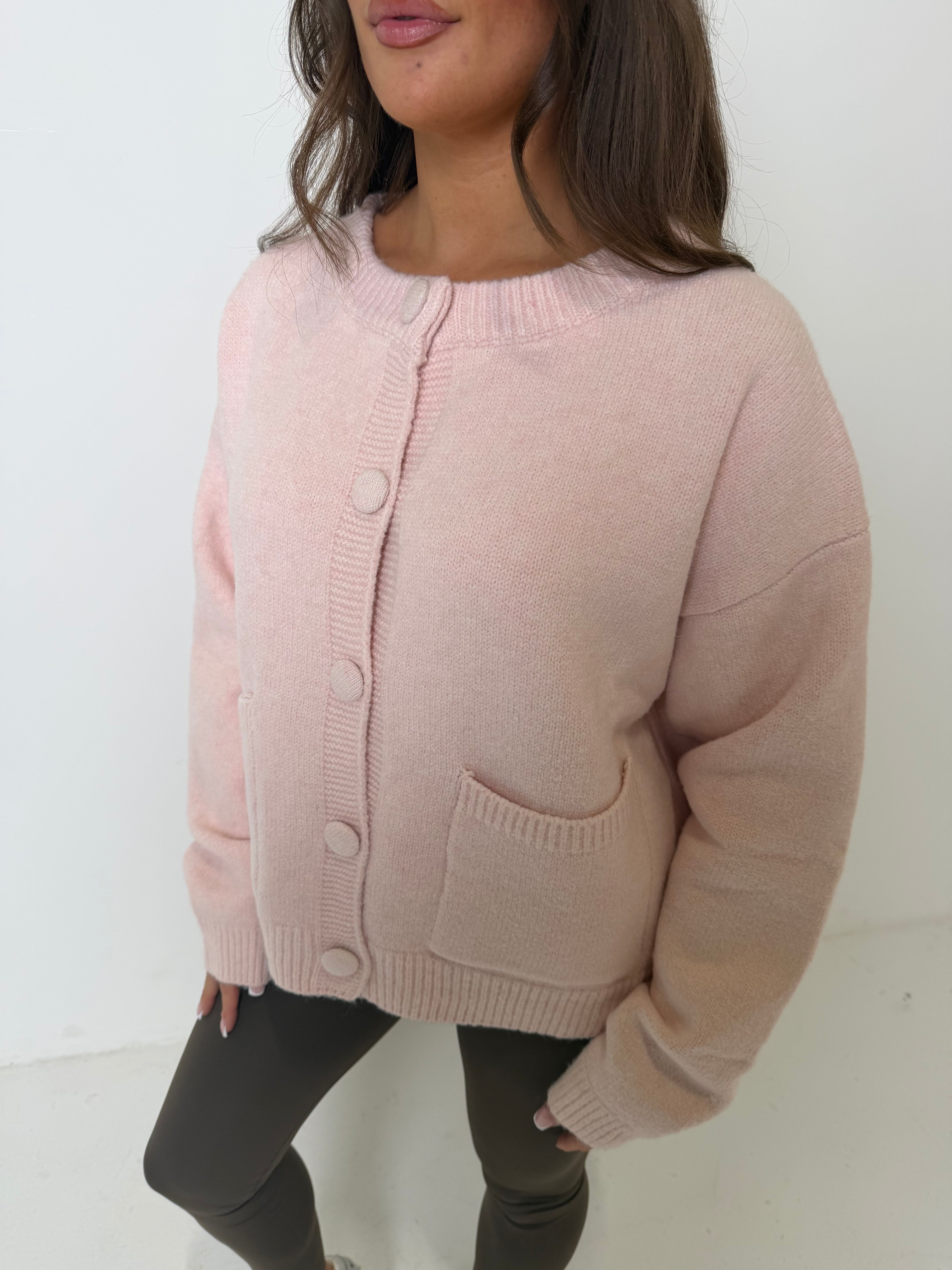 THEA Knitted Long Sleeved Button Up Cardigan In Baby Pink