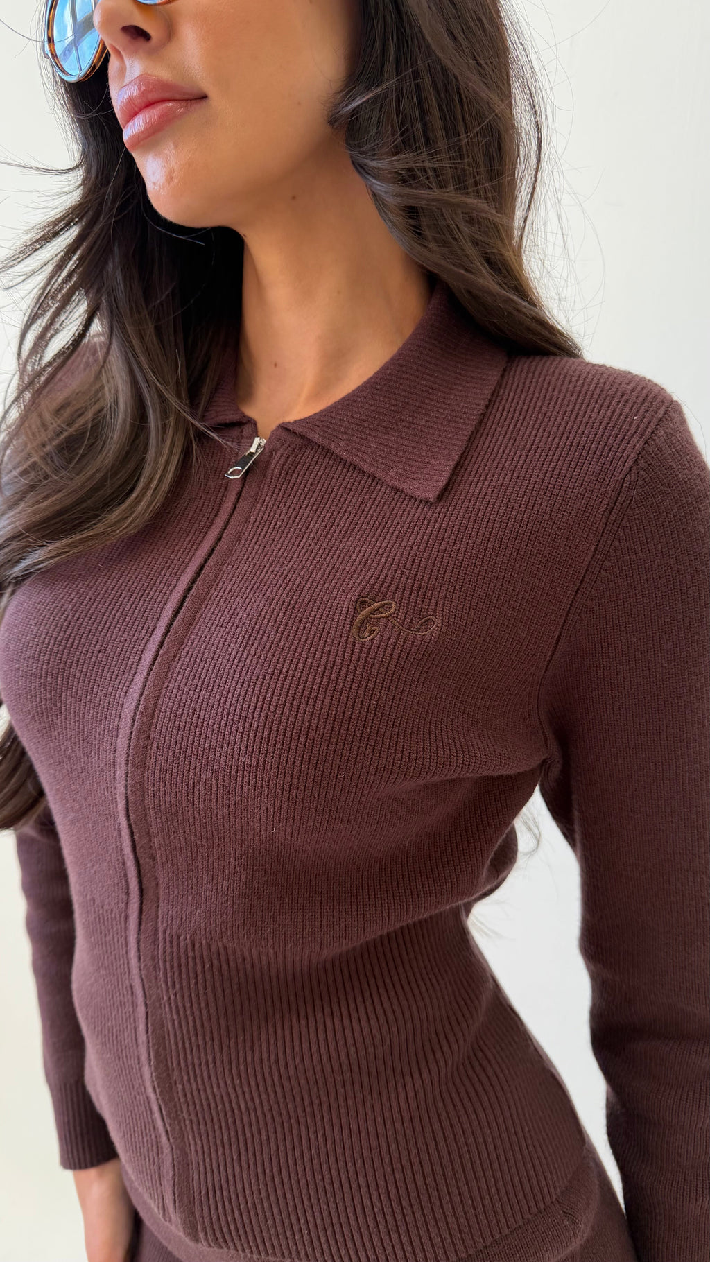 NOEMI Collar Knitted Zip Up Cardigan Co-Ord In Espresso