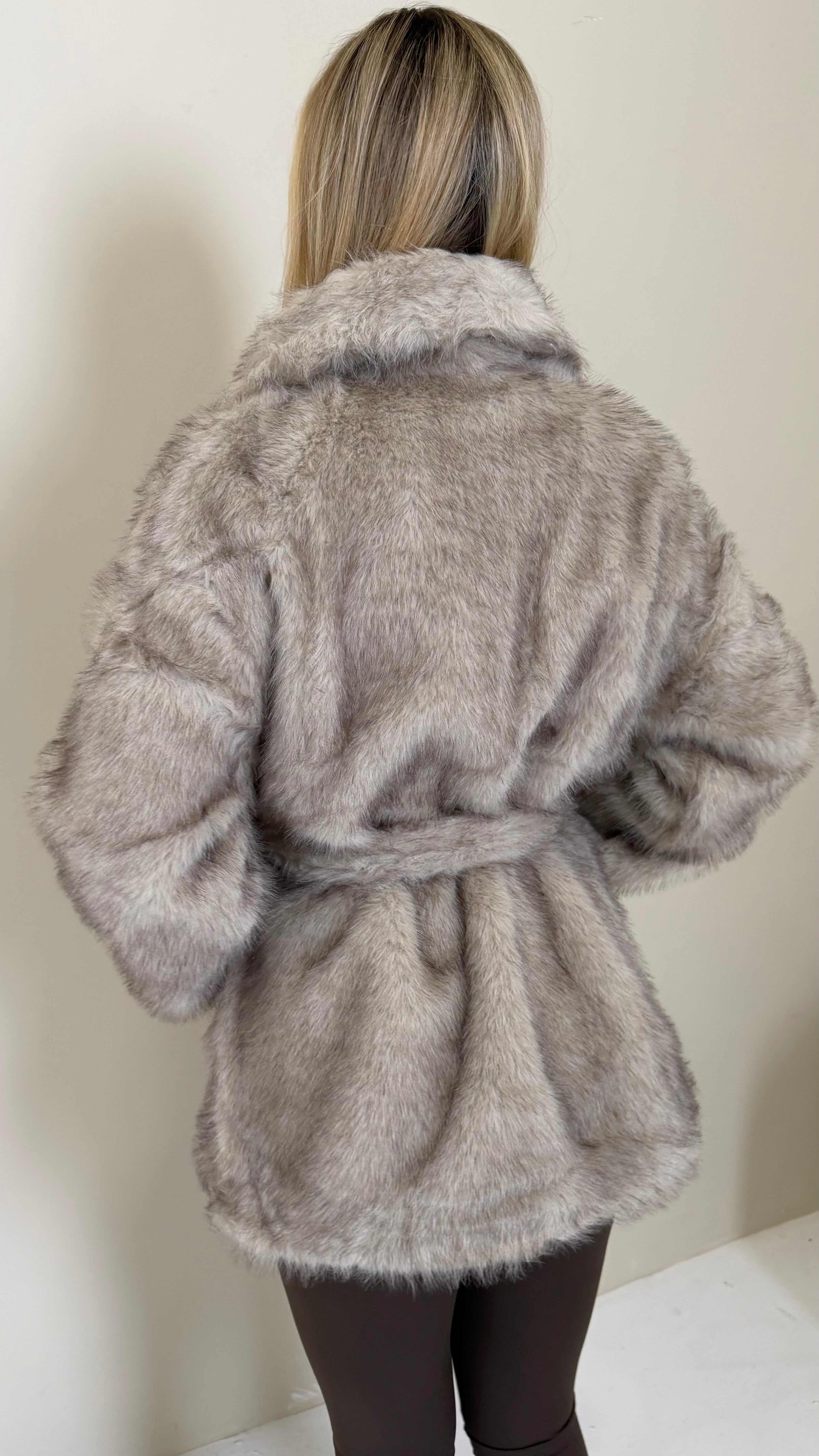 ELLE Belted Faux Fur Long Sleeved Coat In Fawn