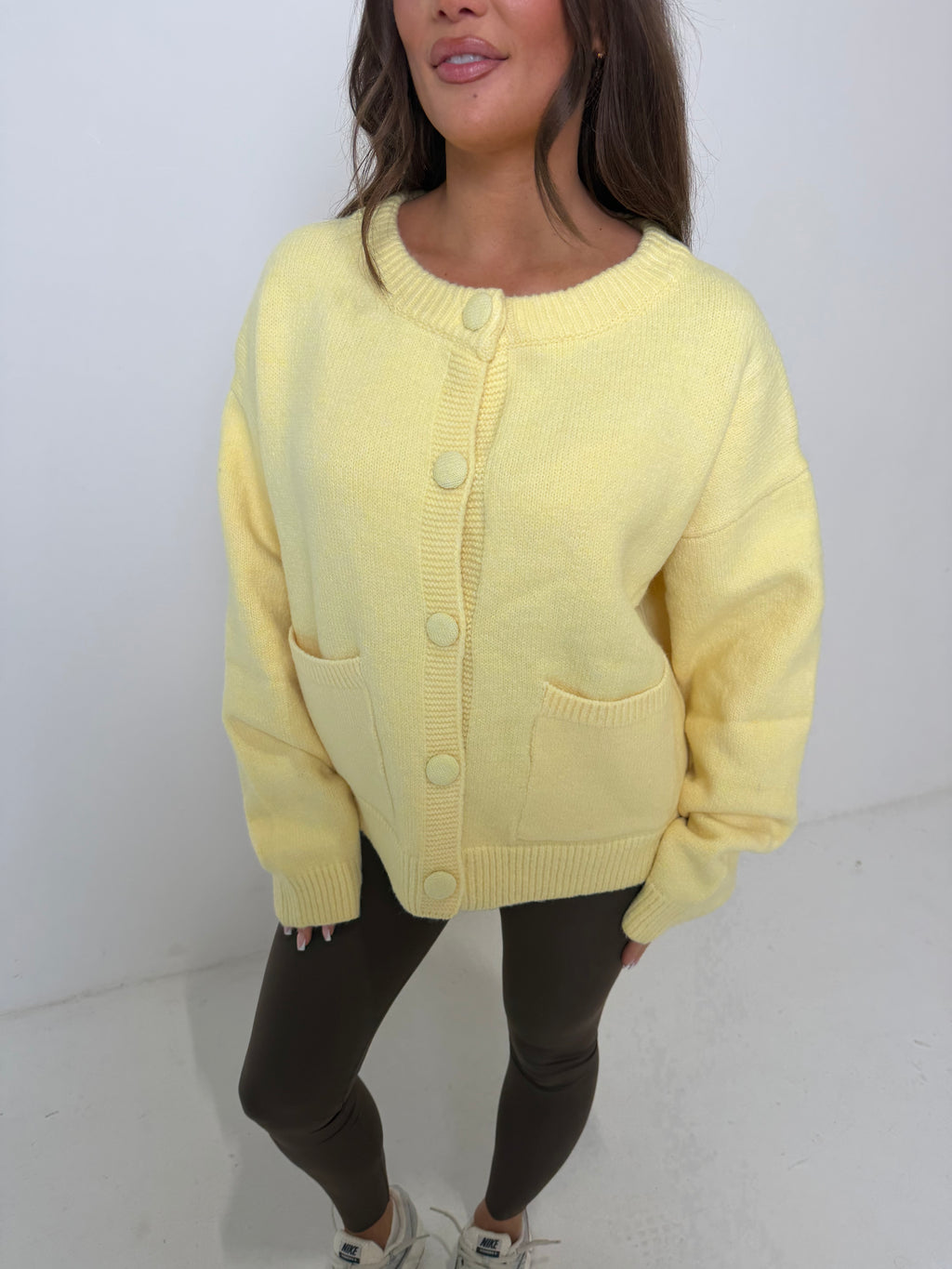 THEA Knitted Long Sleeved Button Up Cardigan In Lemon