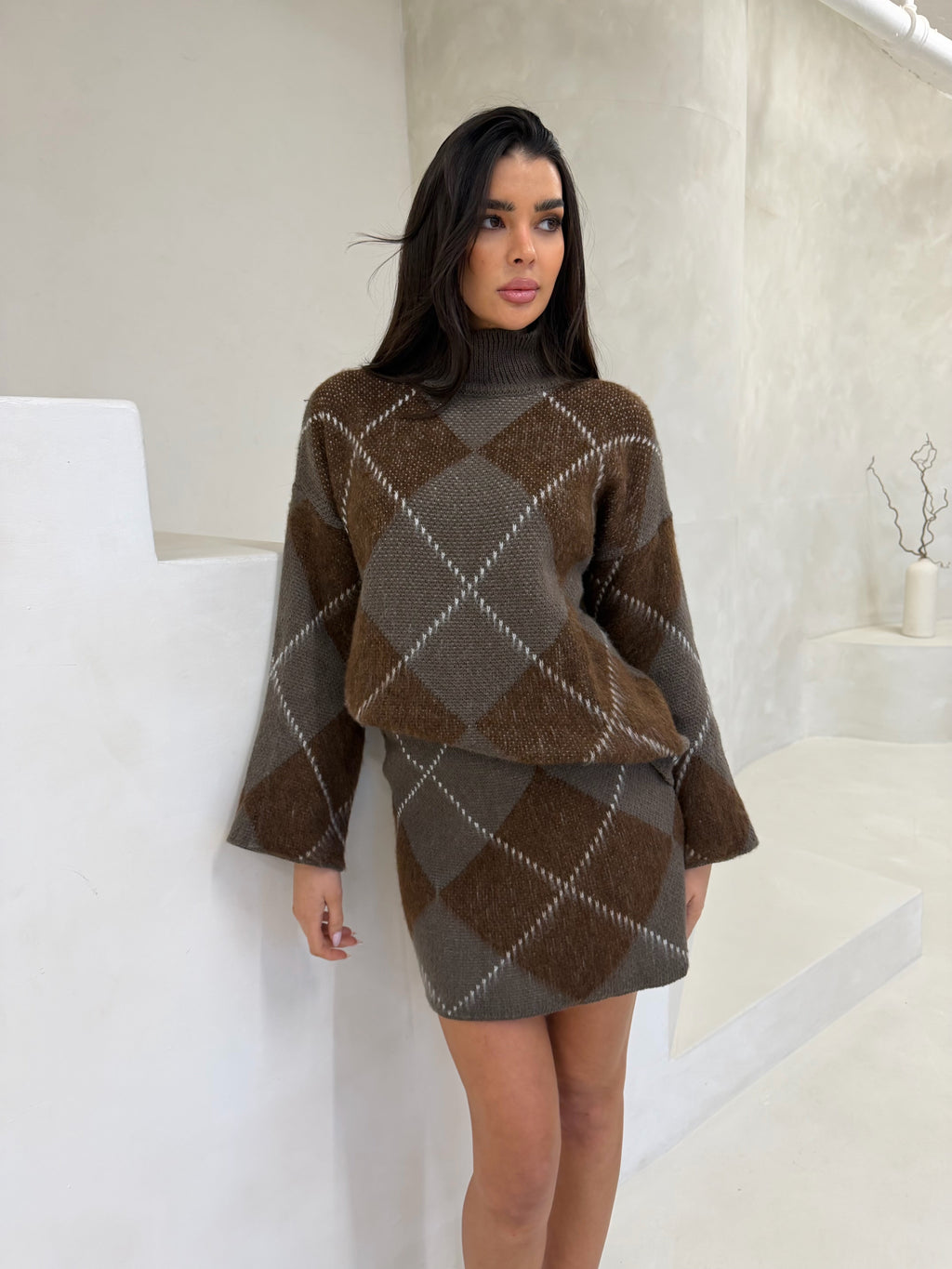 GRACE High Neck Knitted Argyle Jumper & Mini Skirt Co-Ord In Mocha