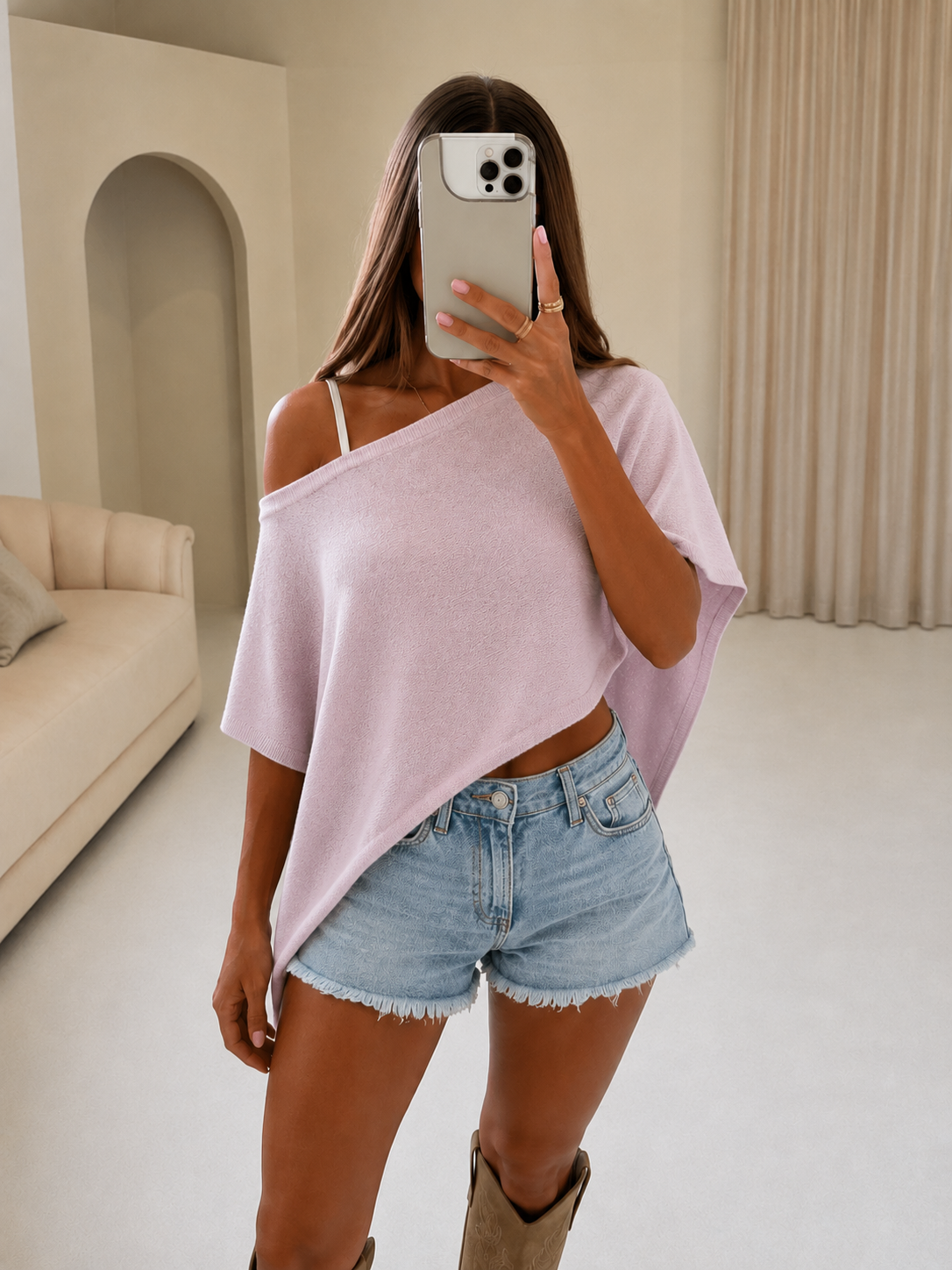 SANTI Asymmetric Soft Knit Cape Top In Pink