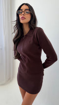 NOEMI Collar Knitted Zip Up Cardigan Co-Ord In Espresso