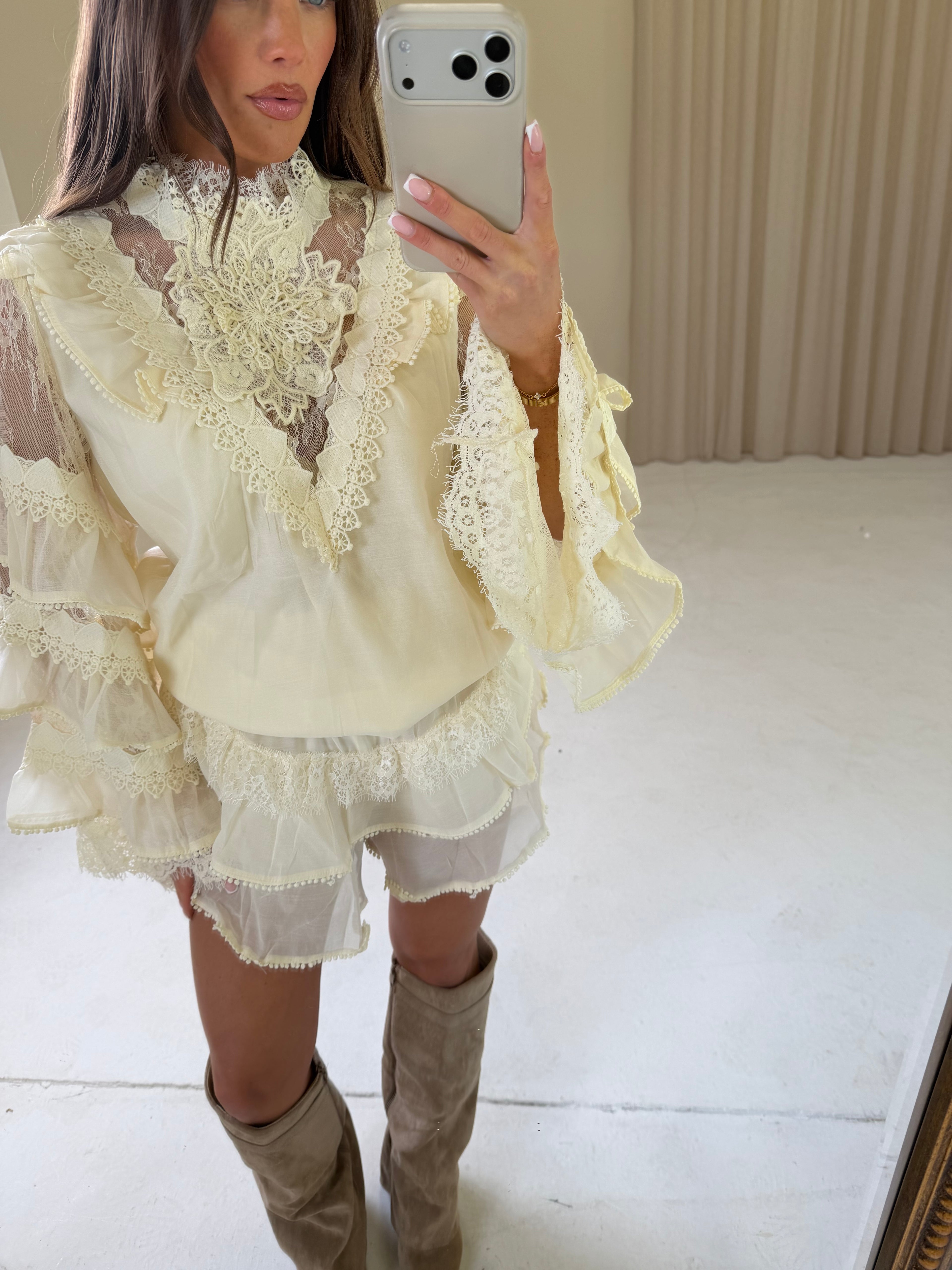 ISABEL Ruffle Long Sleeve Top & Mini Shorts Co-Ord In Cream
