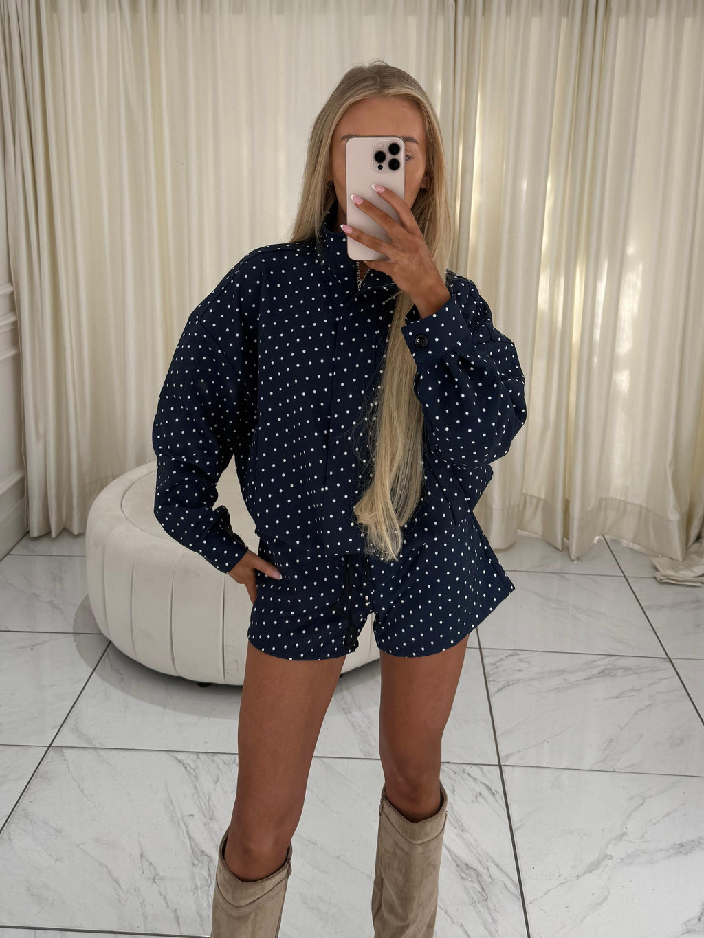BONNIE Polka Dot Long Sleeved Jacket & Shorts Co-Ord In Navy