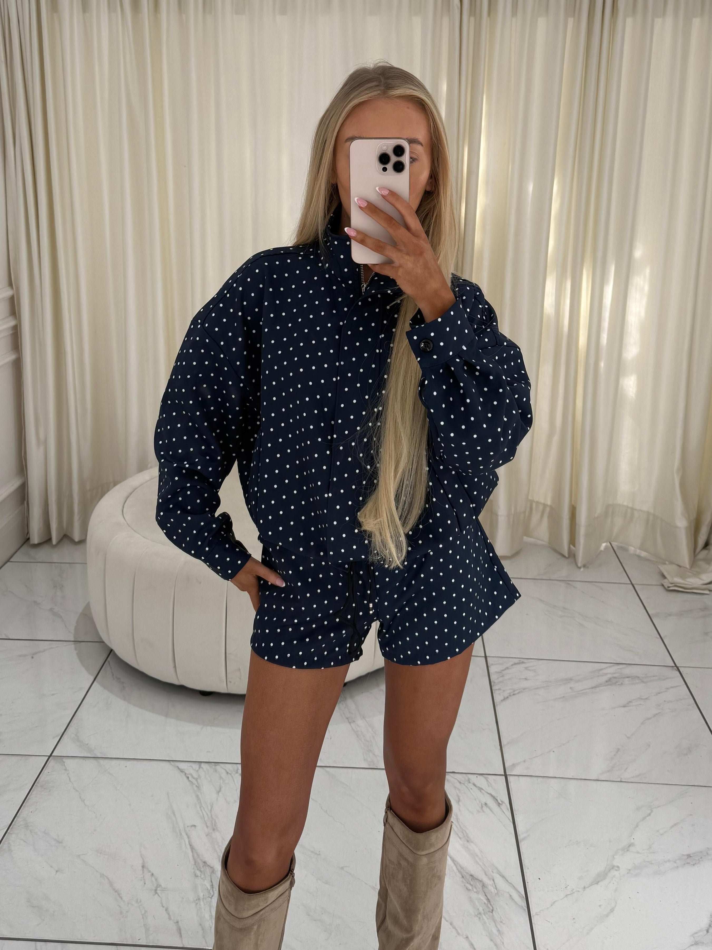 BONNIE Polka Dot Long Sleeved Jacket & Shorts Co-Ord In Navy