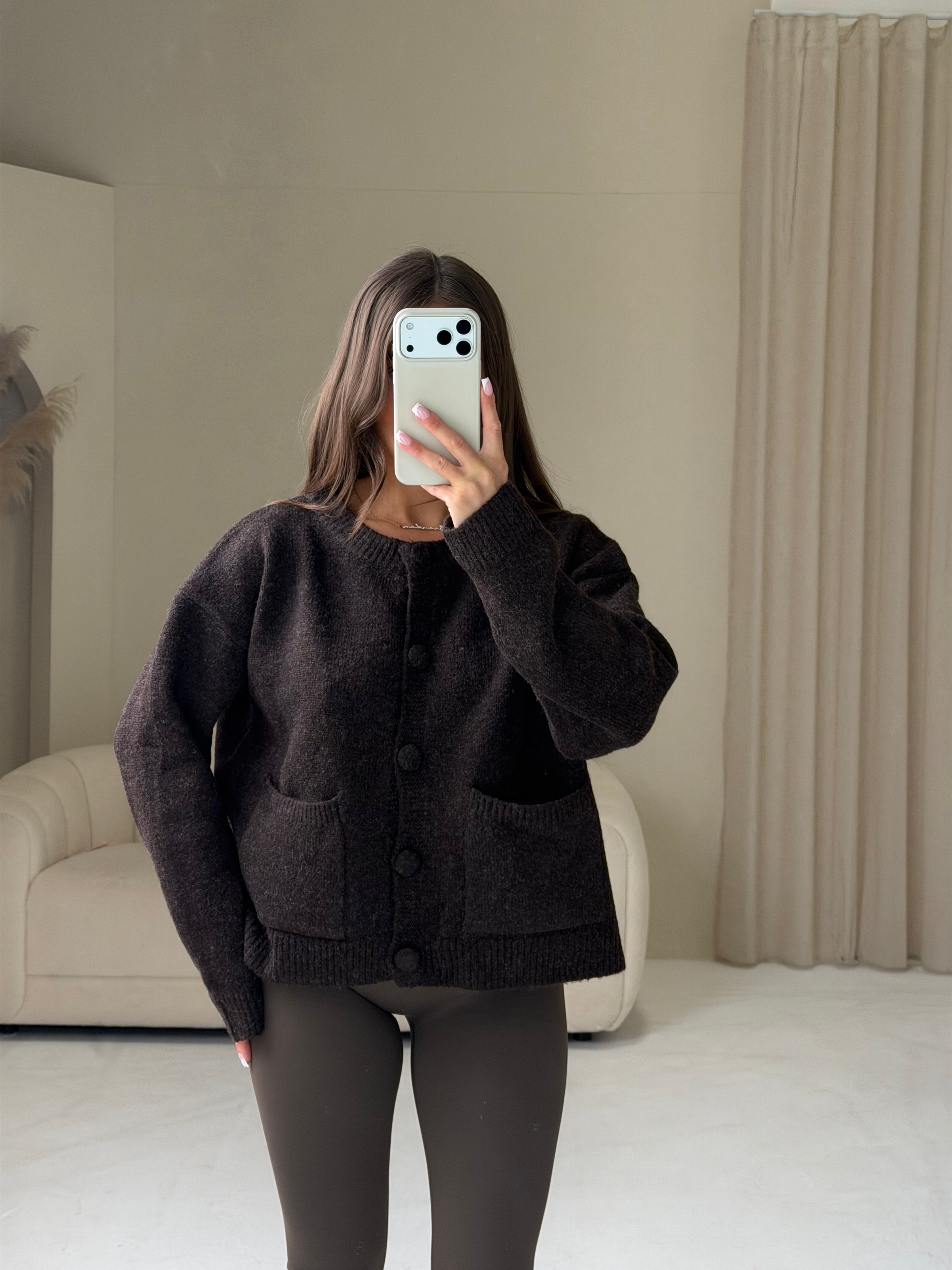 THEA Knitted Long Sleeved Button Up Cardigan In Chocolate