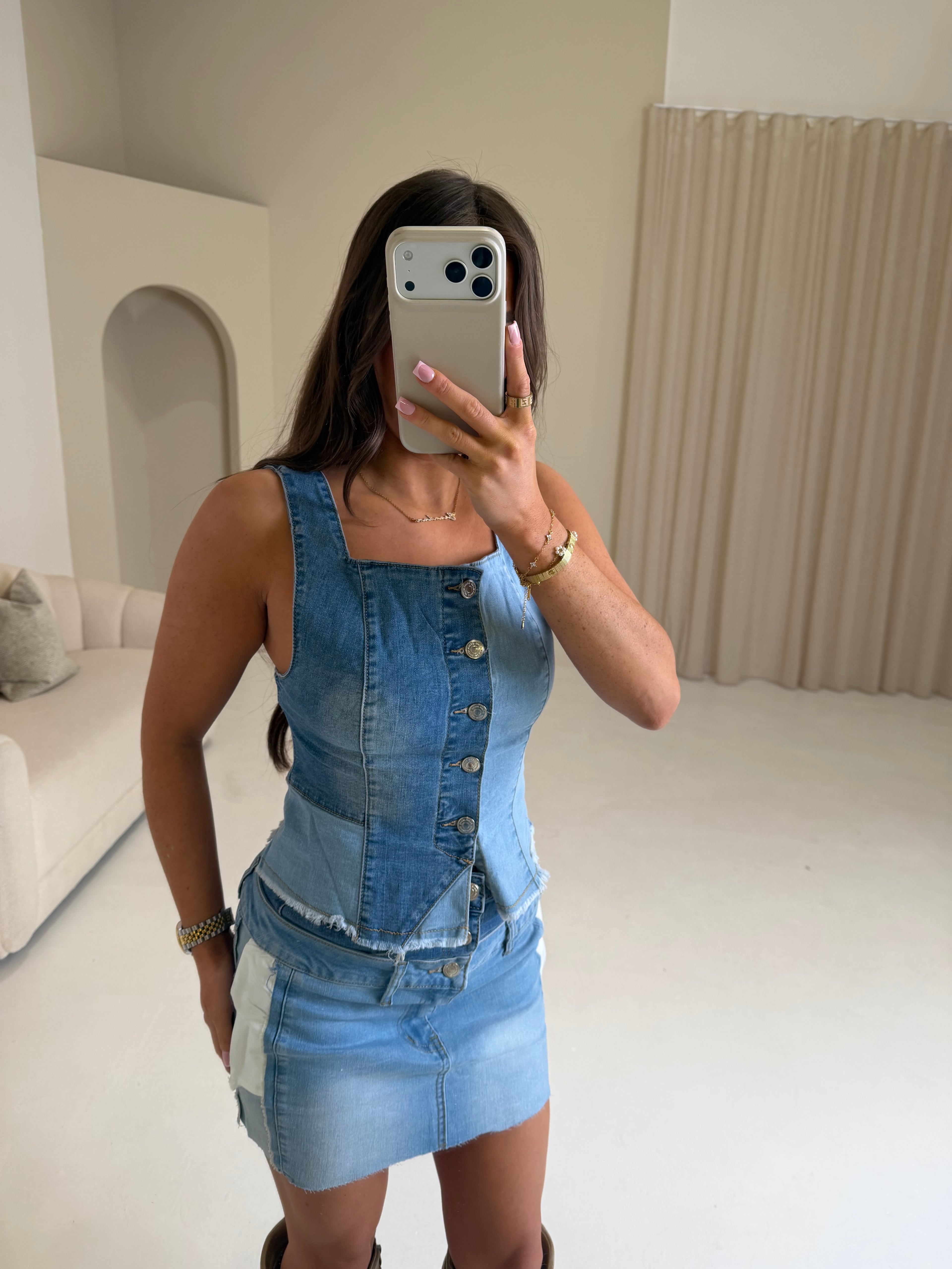 INDIE Denim Button Up Top & Mini Skirt Co-Ord In Blue