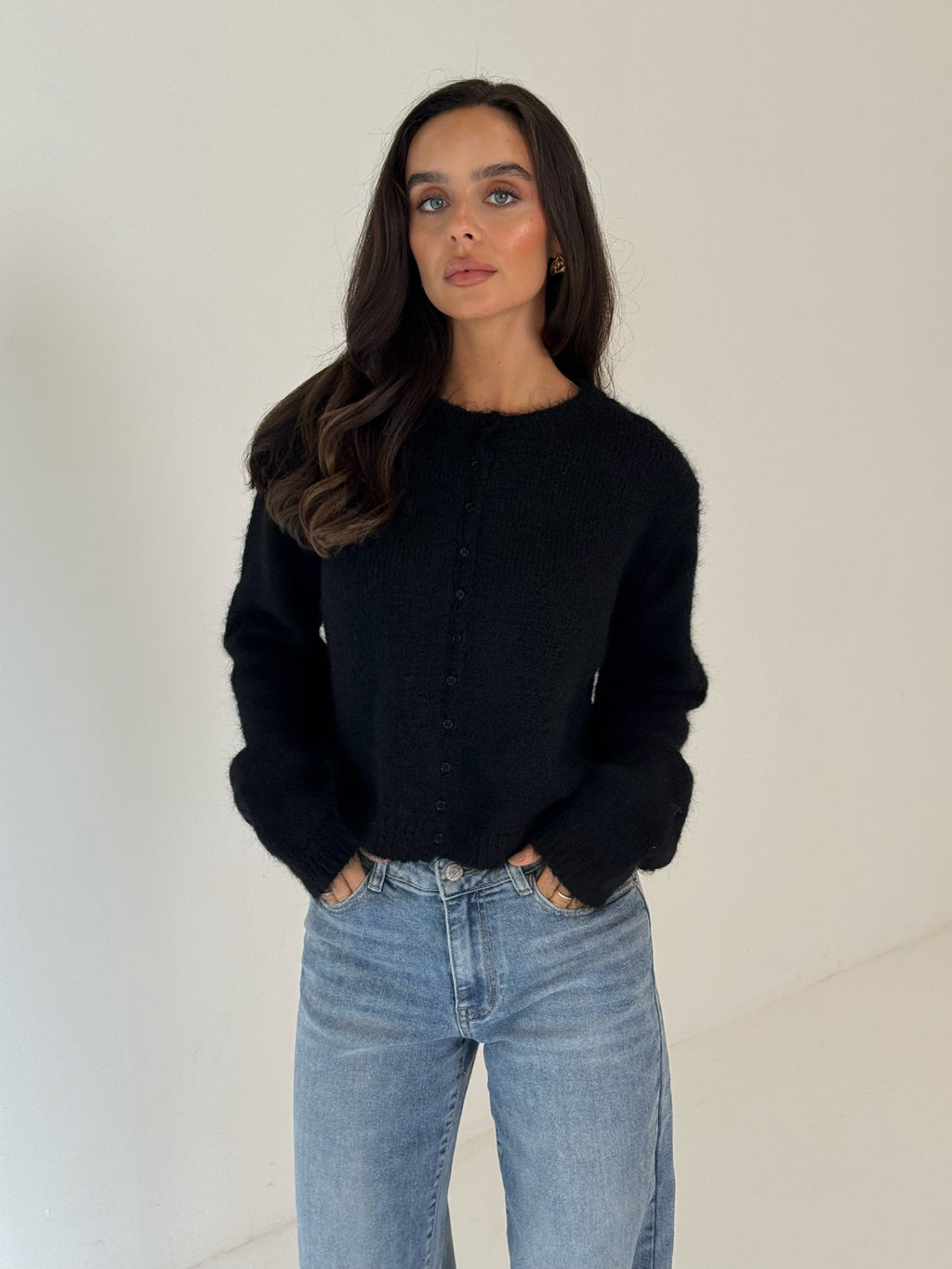 CERYS Knitted Long Sleeved Button Up Cardigan In Black
