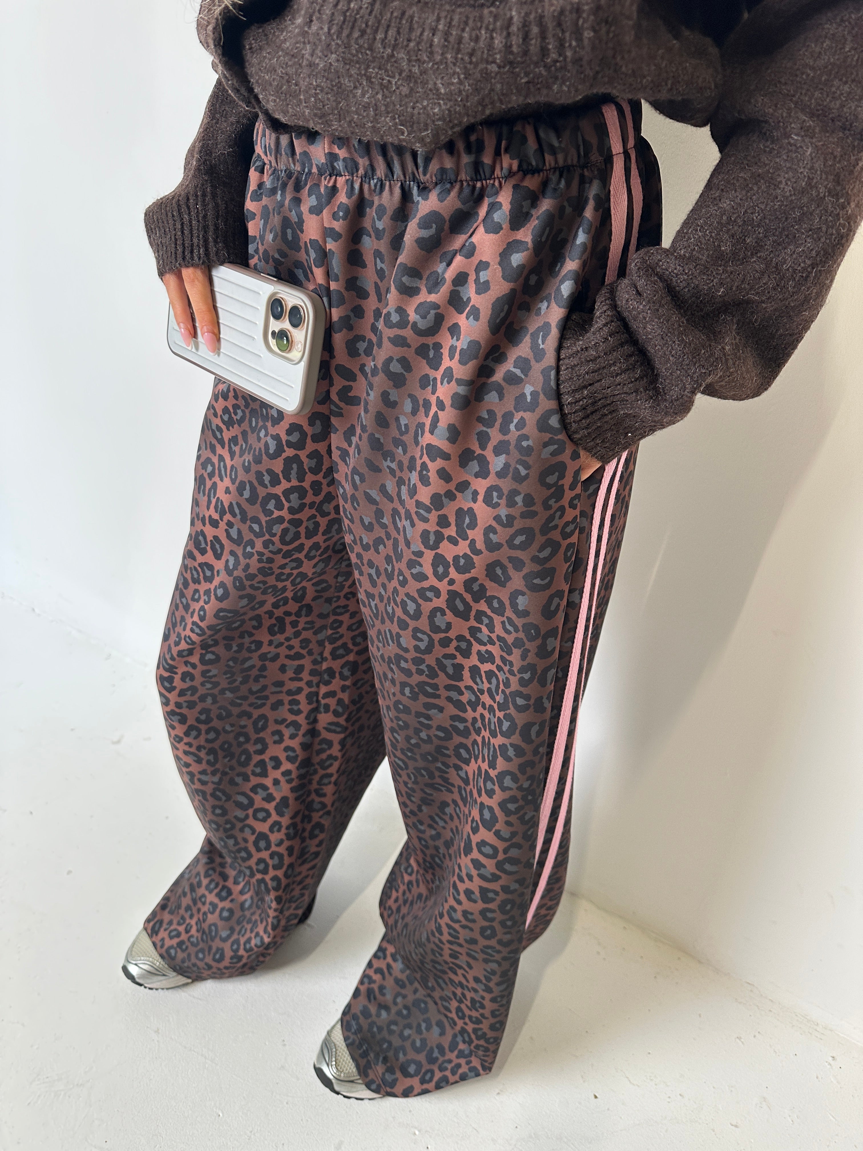 LUNA Leopard High Waisted Side Stripe Wide Leg Trousers In Pink