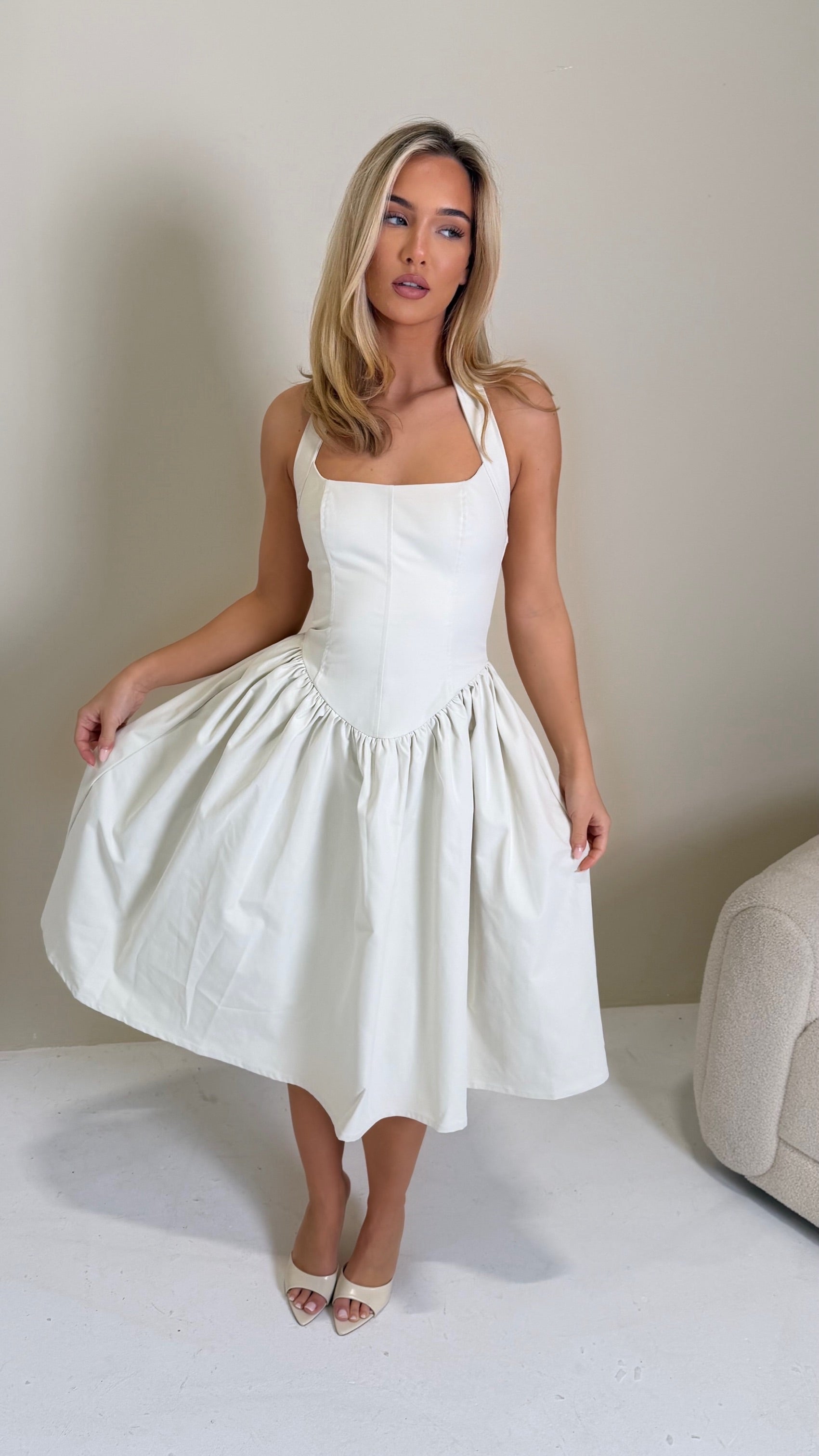 BLYTHE Halterneck Corset Midi Dress In Ivory
