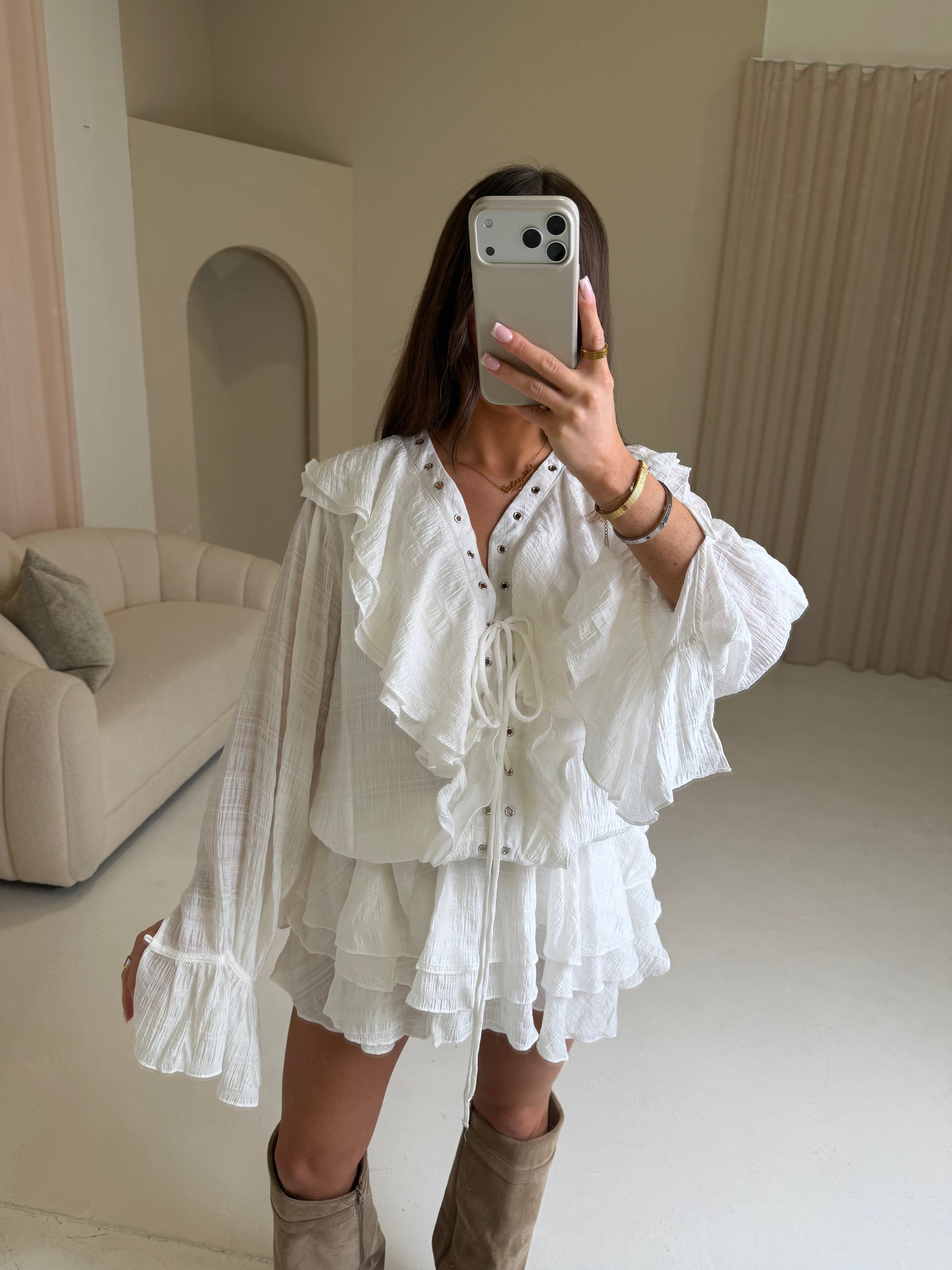 CANNES Ruffle Tie Up Long Sleeved Dress In White