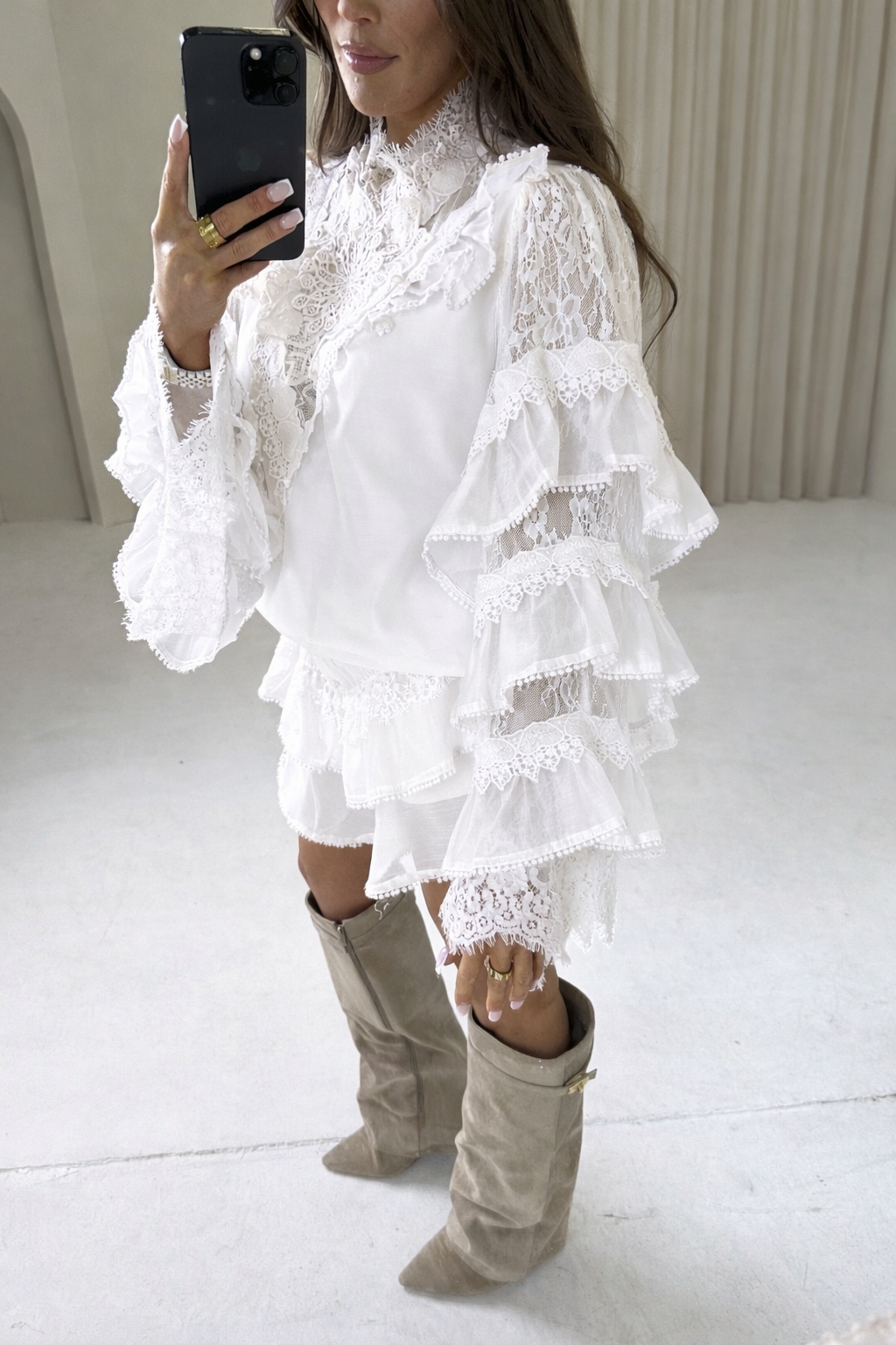 ISABEL Ruffle Long Sleeve Top & Mini Shorts Co-Ord In White
