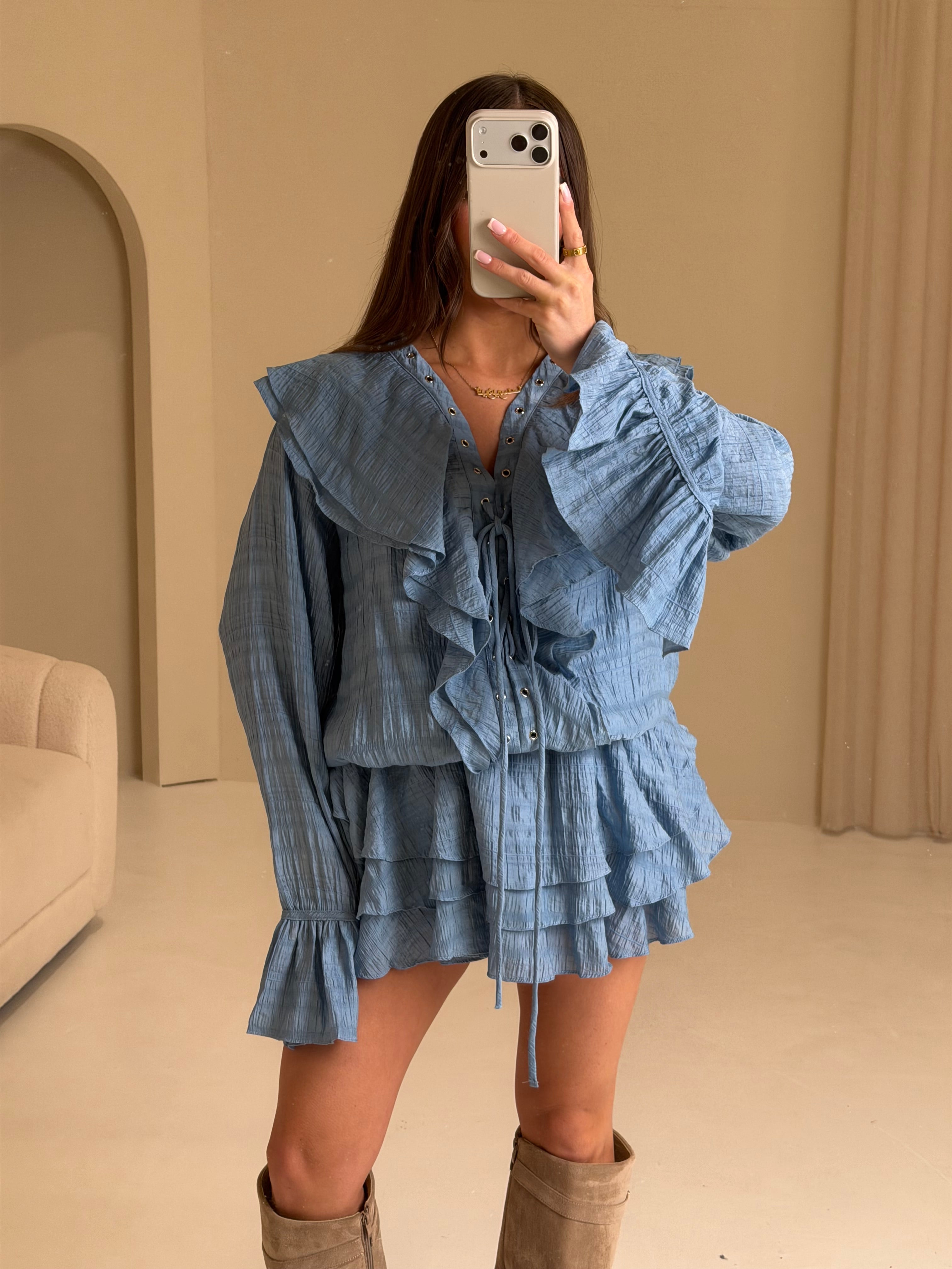 CANNES Ruffle Tie Up Long Sleeved Dress In Blue