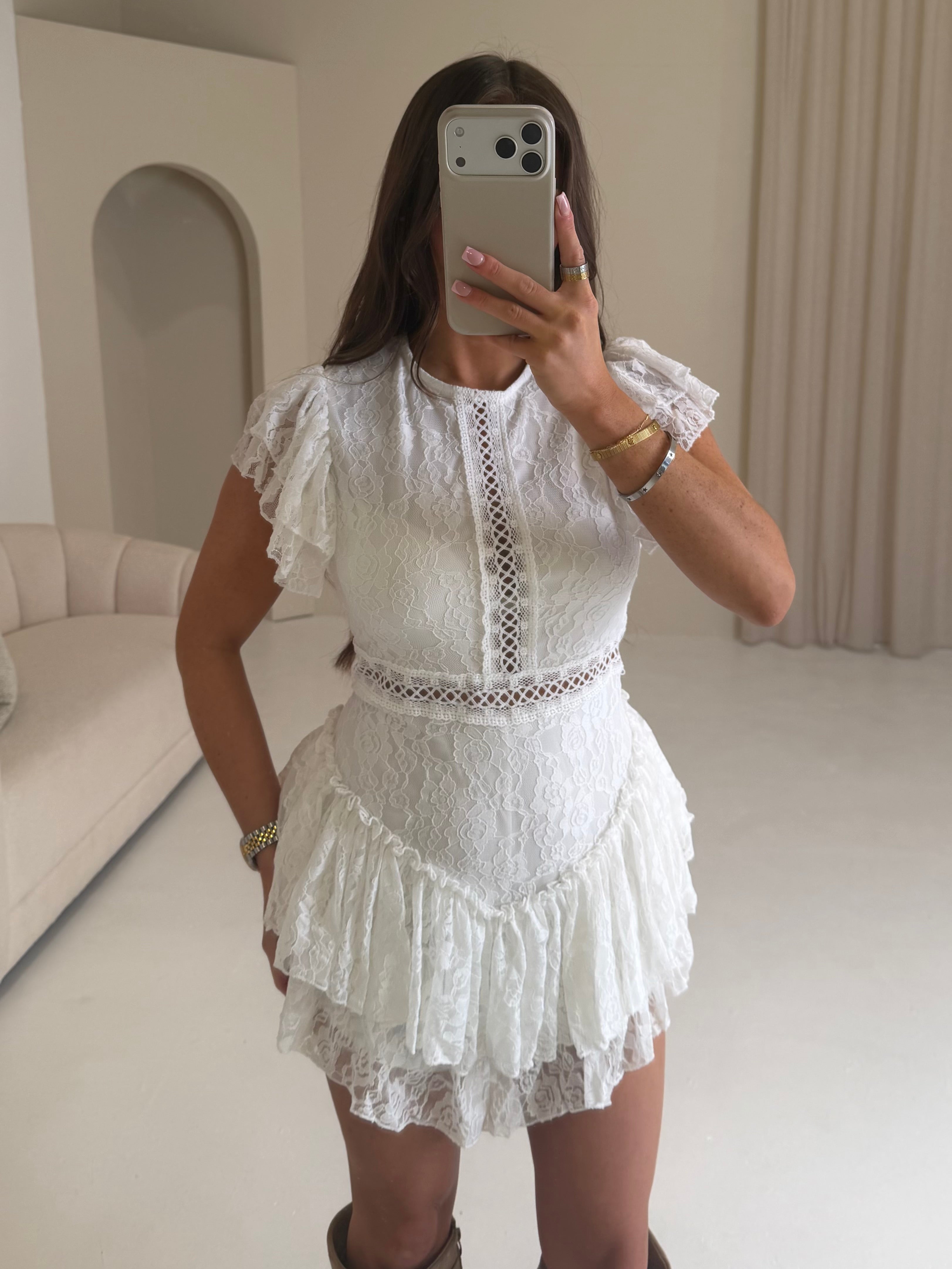 GIGI Lace Ruffle Detail Playsuit In Ivory
