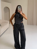RIVIERA Polka Dot Bandeau Top & Wide Leg Trouser Co-Ord In Black