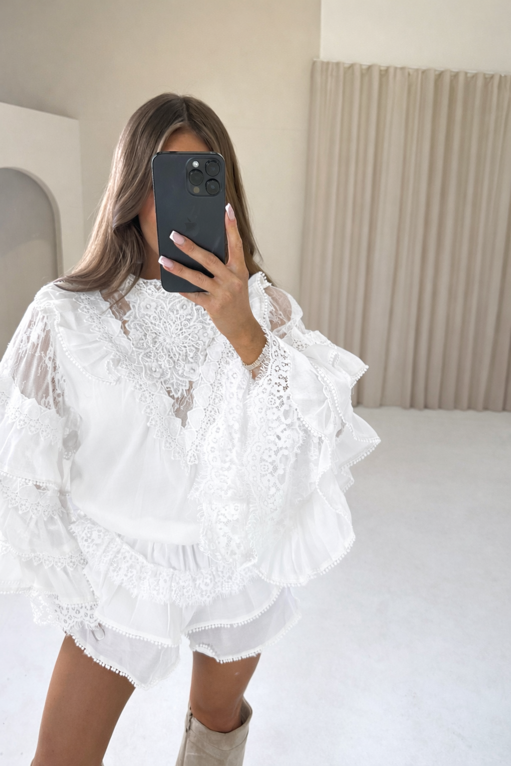 ISABEL Ruffle Long Sleeve Top & Mini Shorts Co-Ord In White