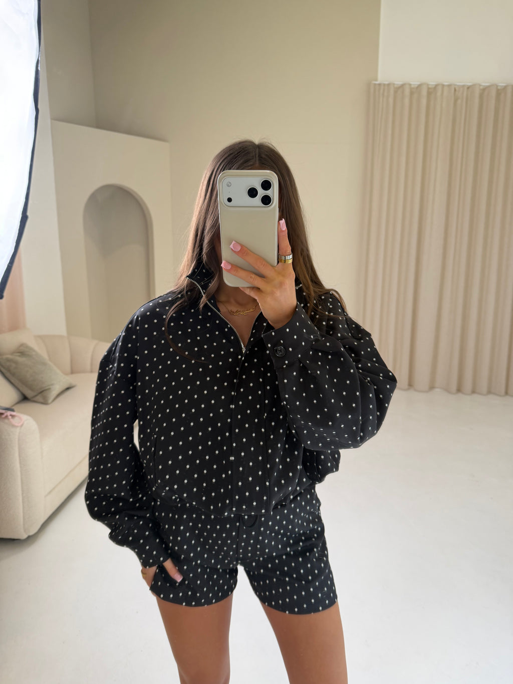 BONNIE Polka Dot Long Sleeved Jacket & Shorts Co-Ord In Black