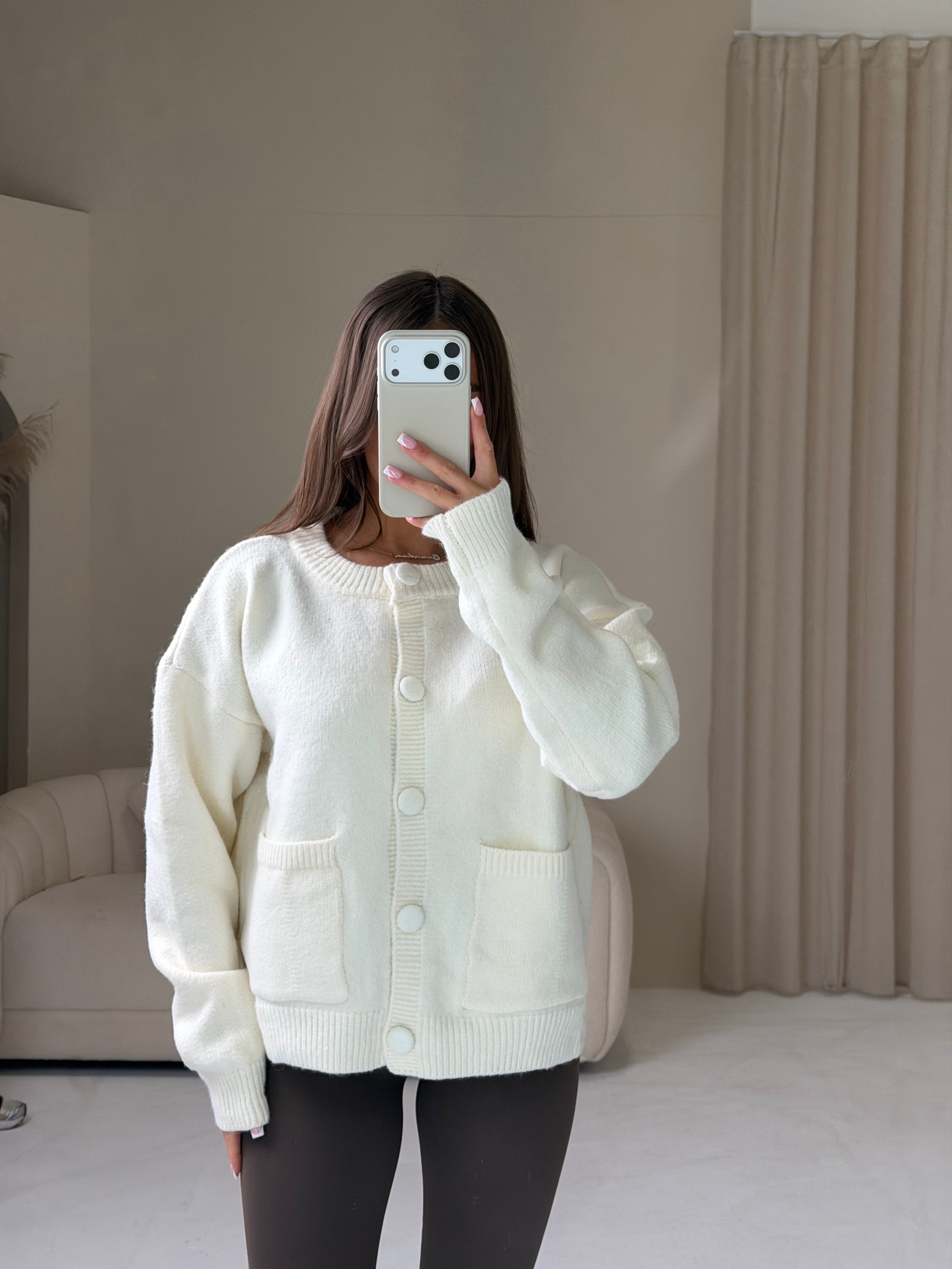 THEA Knitted Long Sleeved Button Up Cardigan In Vanilla