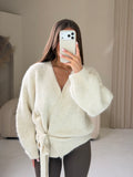 LACEY Knitted Long Sleeved Wrap Tie Cardigan In Vanilla