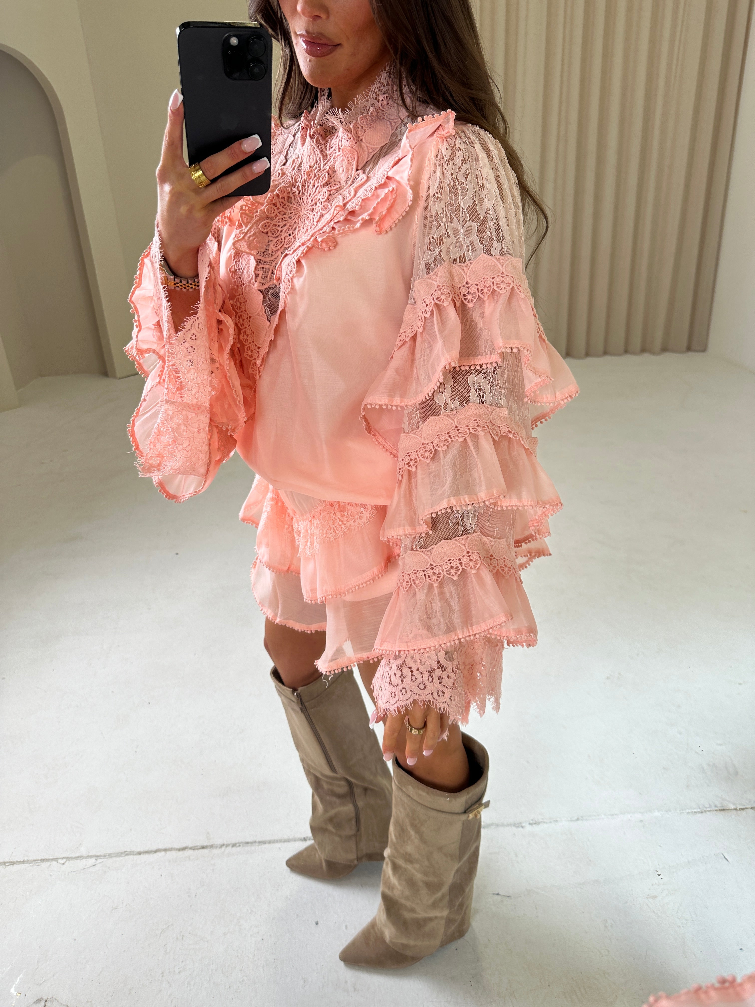 ISABEL Ruffle Long Sleeve Top & Mini Shorts Co-Ord In Peach