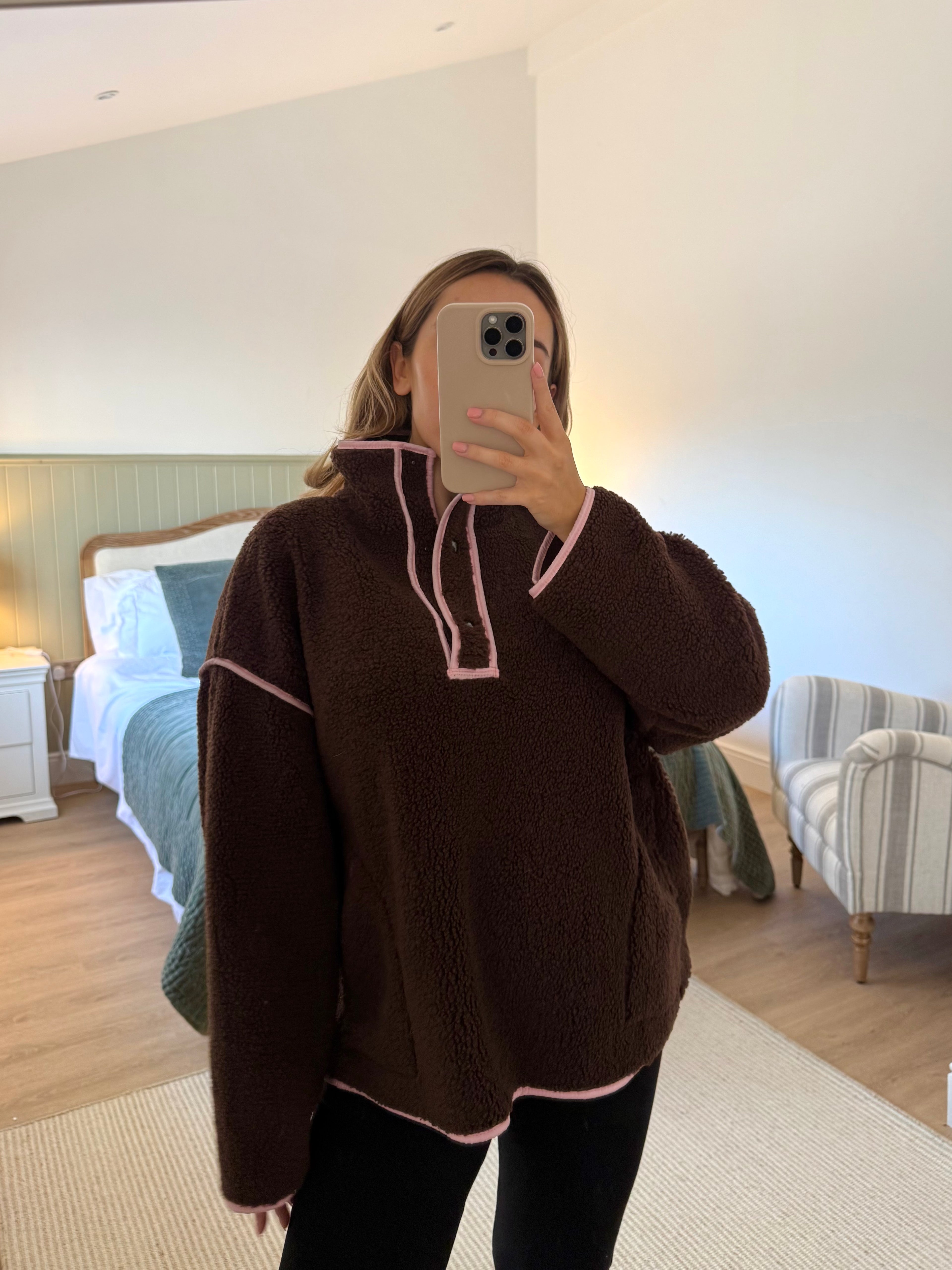 SADIE Shearling Long Sleeved Button Up Fleece In Strawberry Brownie