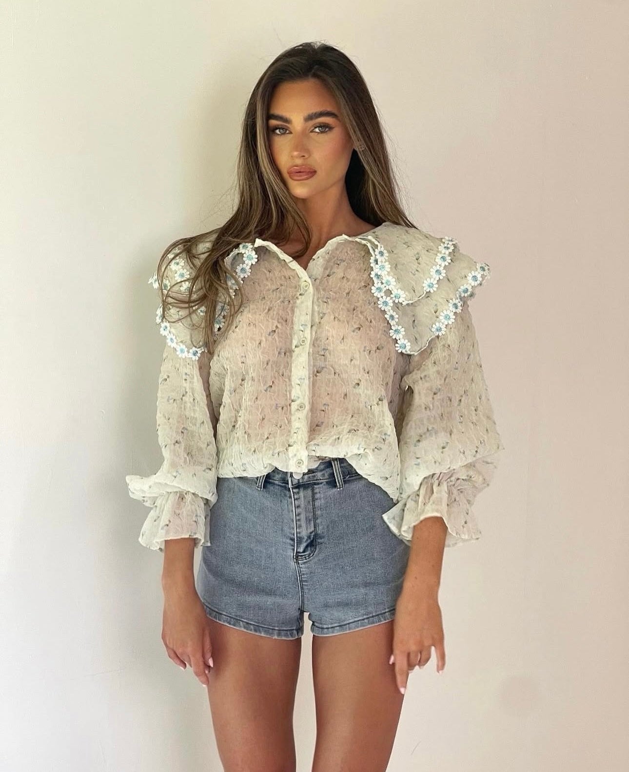 DAISY Long Sleeved Frill Button Up Blouse In Blue