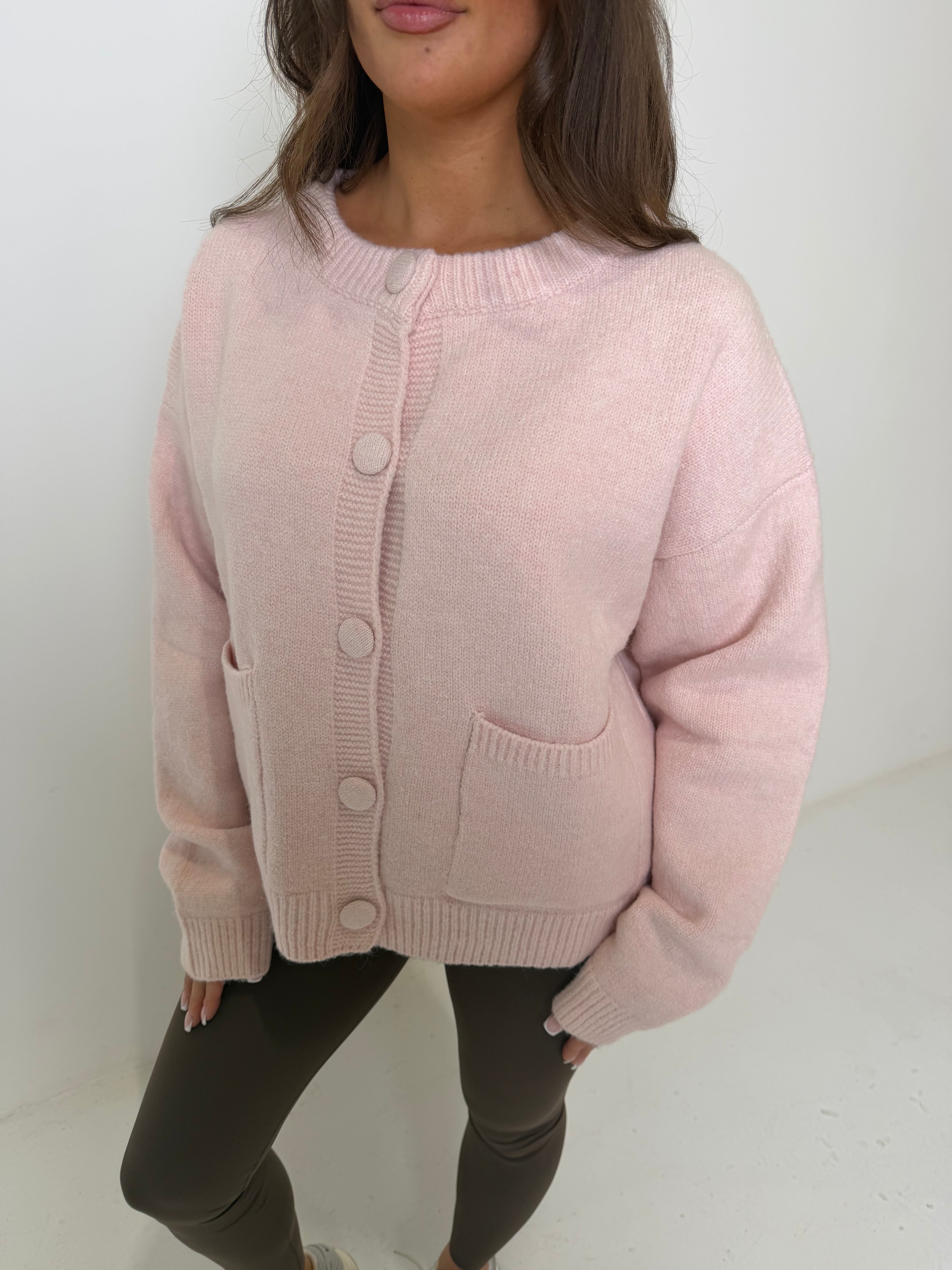 THEA Knitted Long Sleeved Button Up Cardigan In Baby Pink