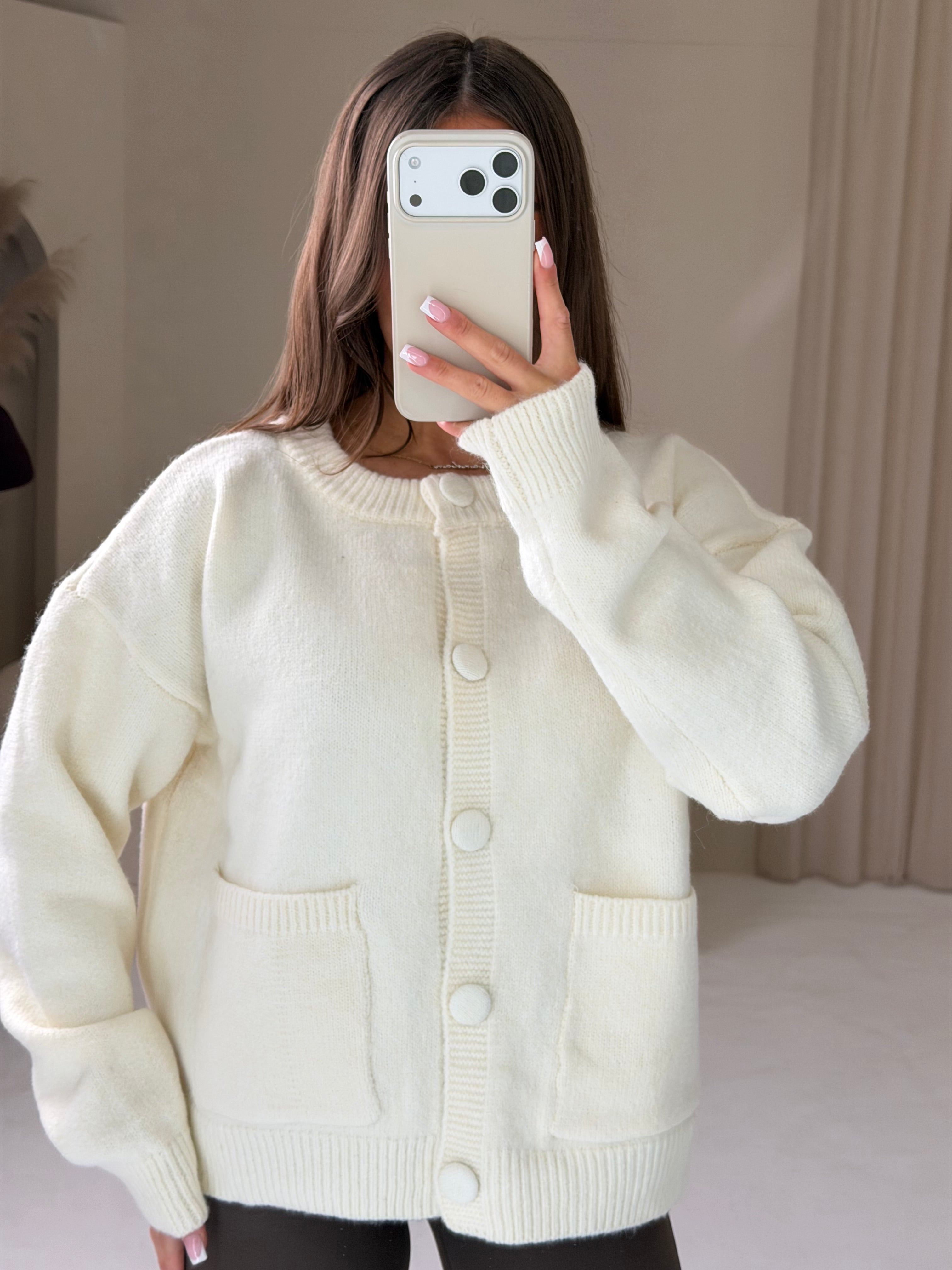 THEA Knitted Long Sleeved Button Up Cardigan In Vanilla