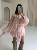 LUCIA Balloon Sleeve Ruffle Button Up Dress In Pink