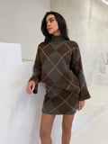 GRACE High Neck Knitted Argyle Jumper & Mini Skirt Co-Ord In Mocha