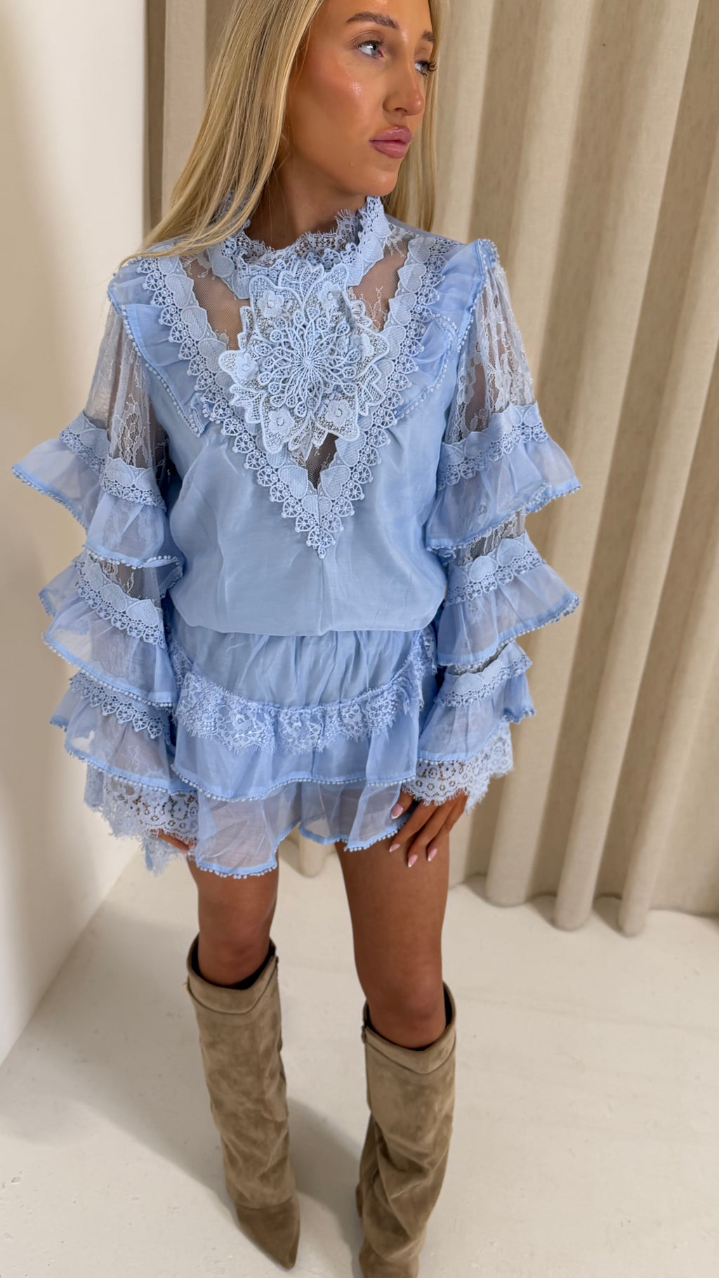 ISABEL Ruffle Long Sleeve Top & Mini Shorts Co-Ord In Blue