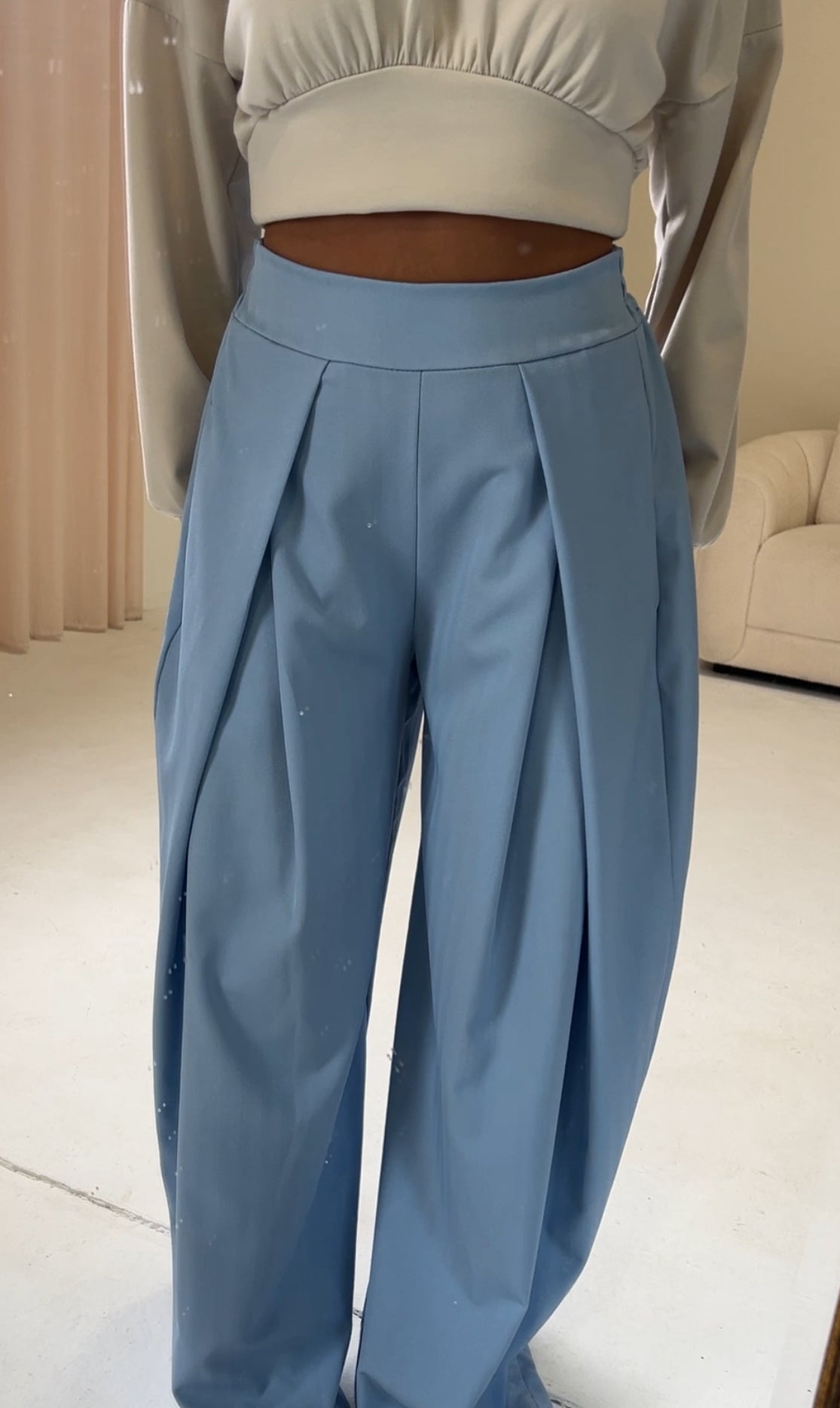 MAE High Waisted Pleated Wide Leg Trousers In Blue