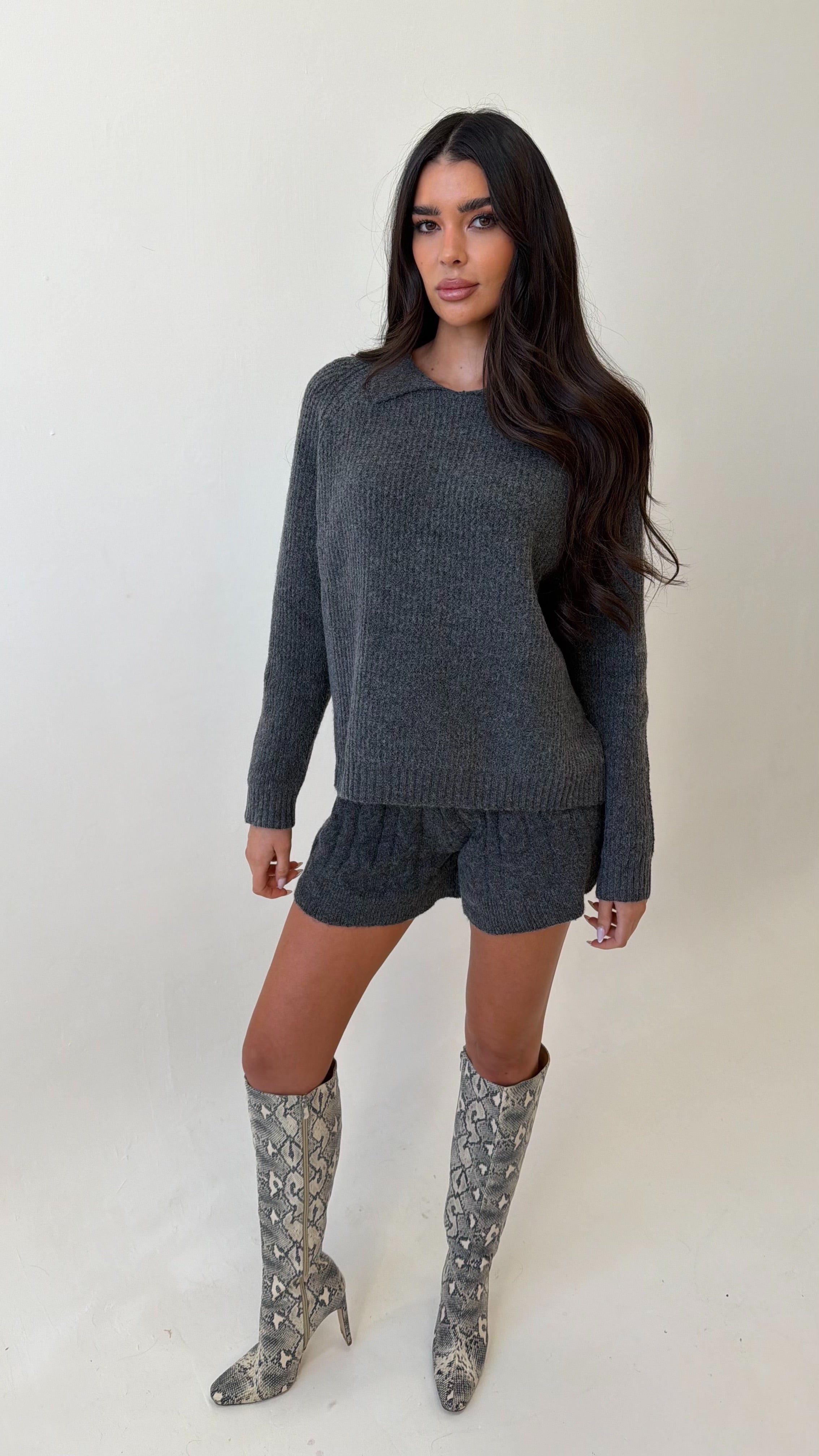 SIENA Knitted Jumper & Cable Knit Shorts Co-ord In Charcoal Grey