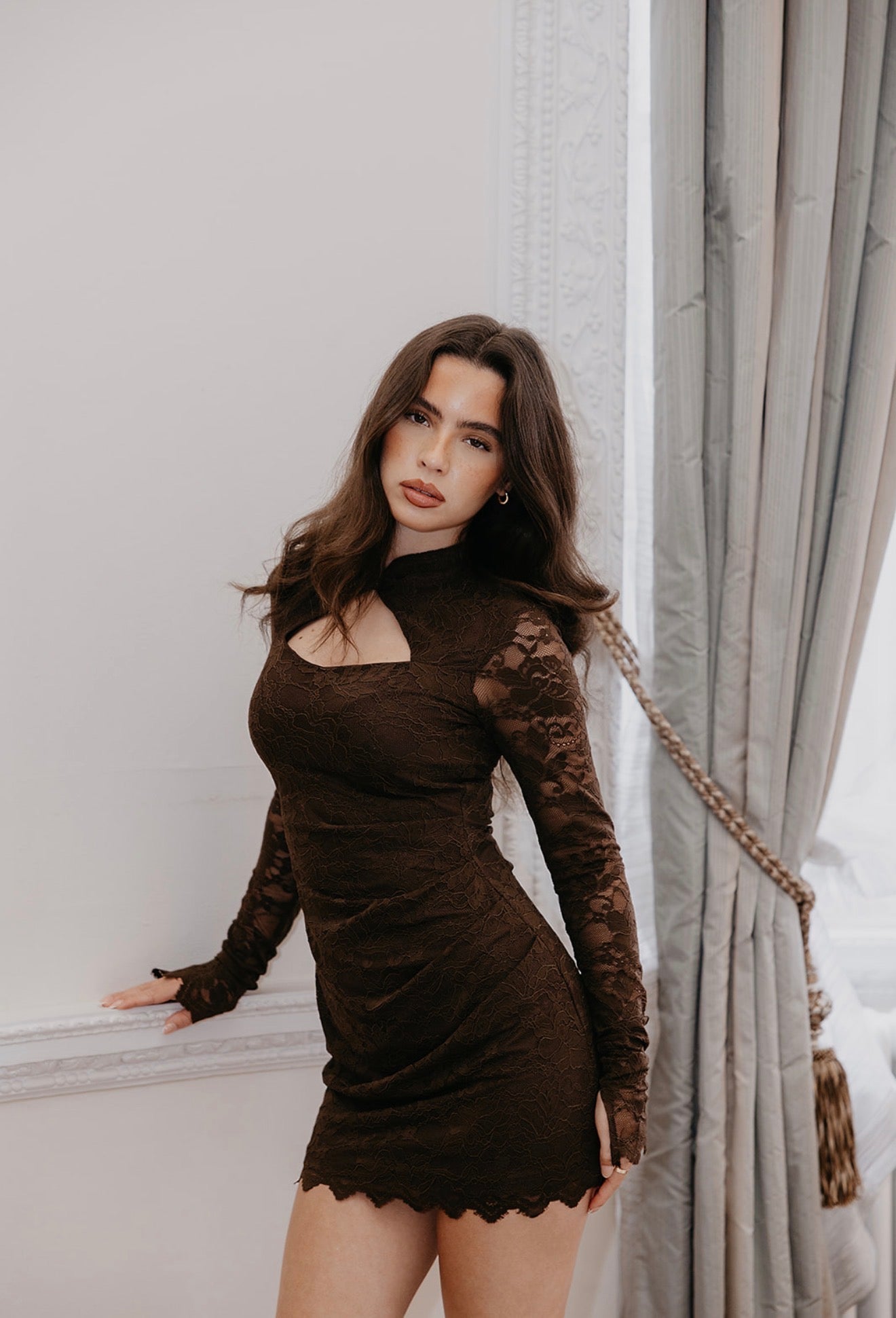 ELLIS Long Sleeved Lace High Neck Mini Dress In Espresso