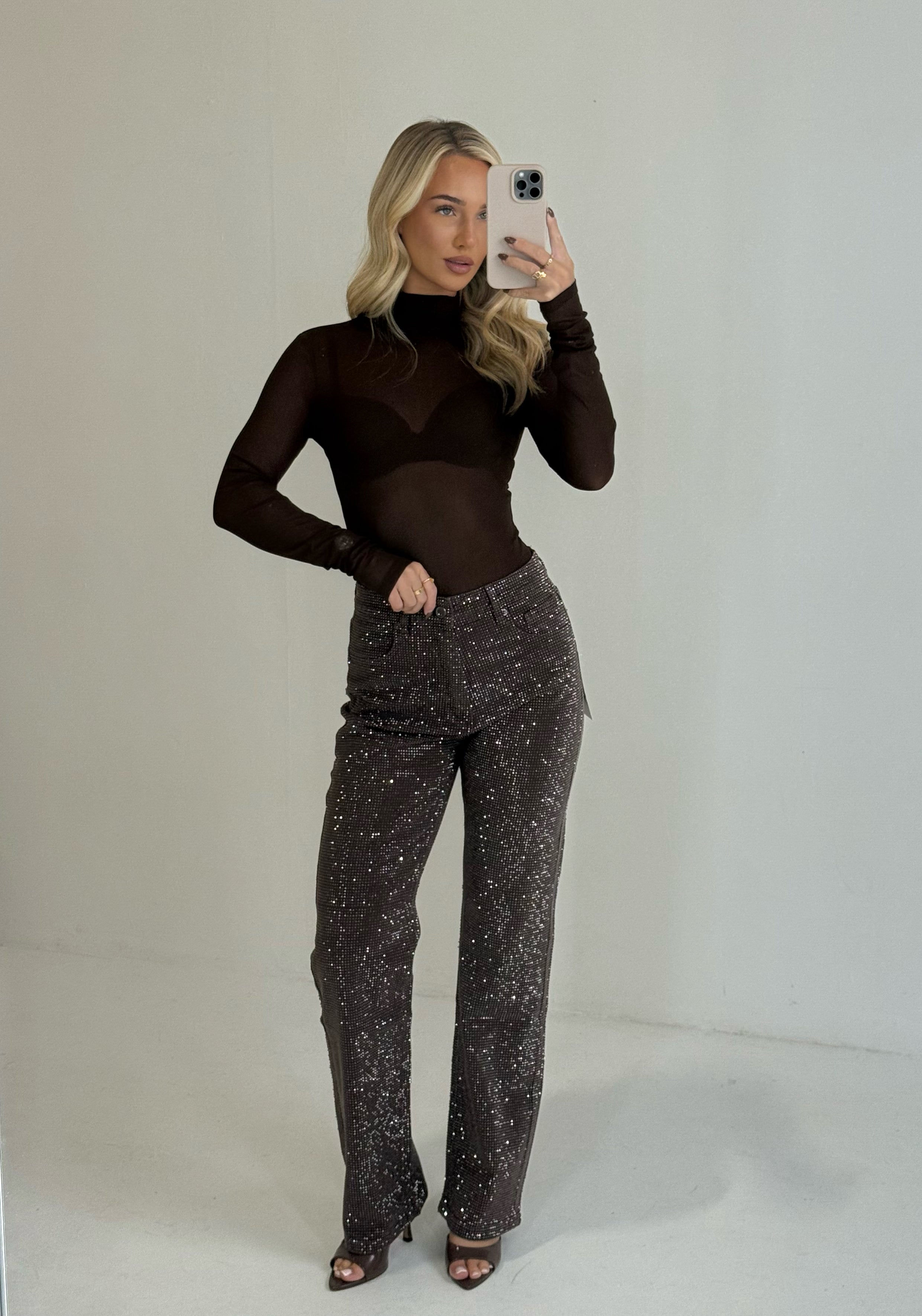 CELESTE Rhinestone Straight Leg Sparkle Jeans In Chocolate