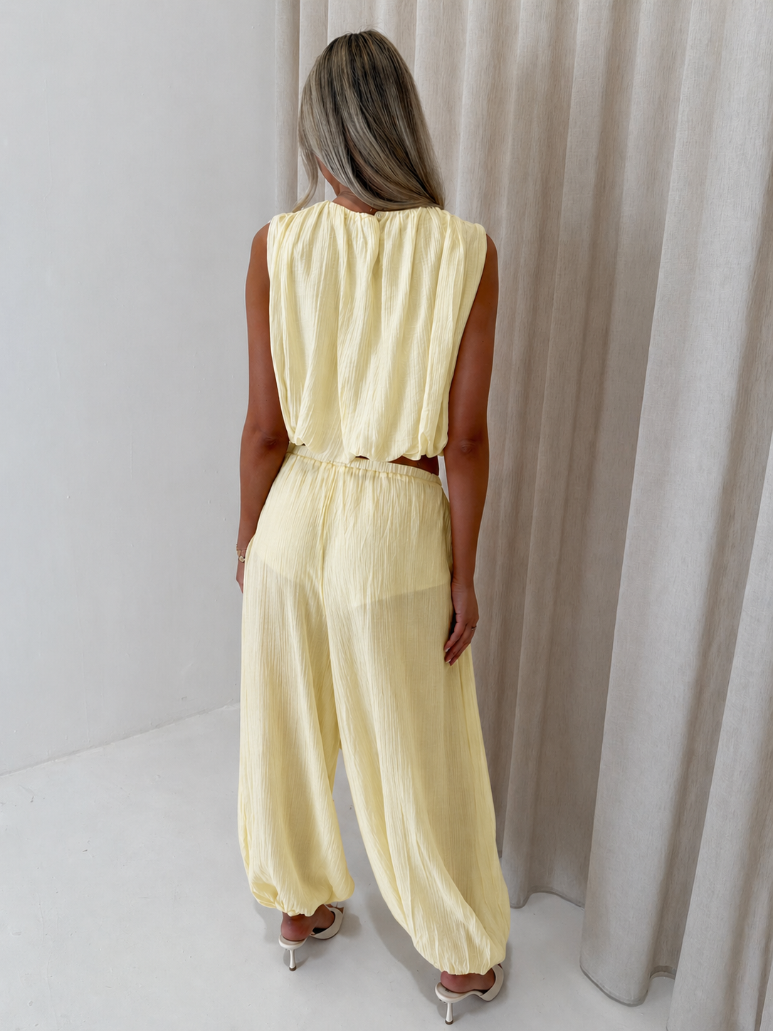 MARA Balloon Hem Sleeveless Top & Trouser Co-Ord In Lemon