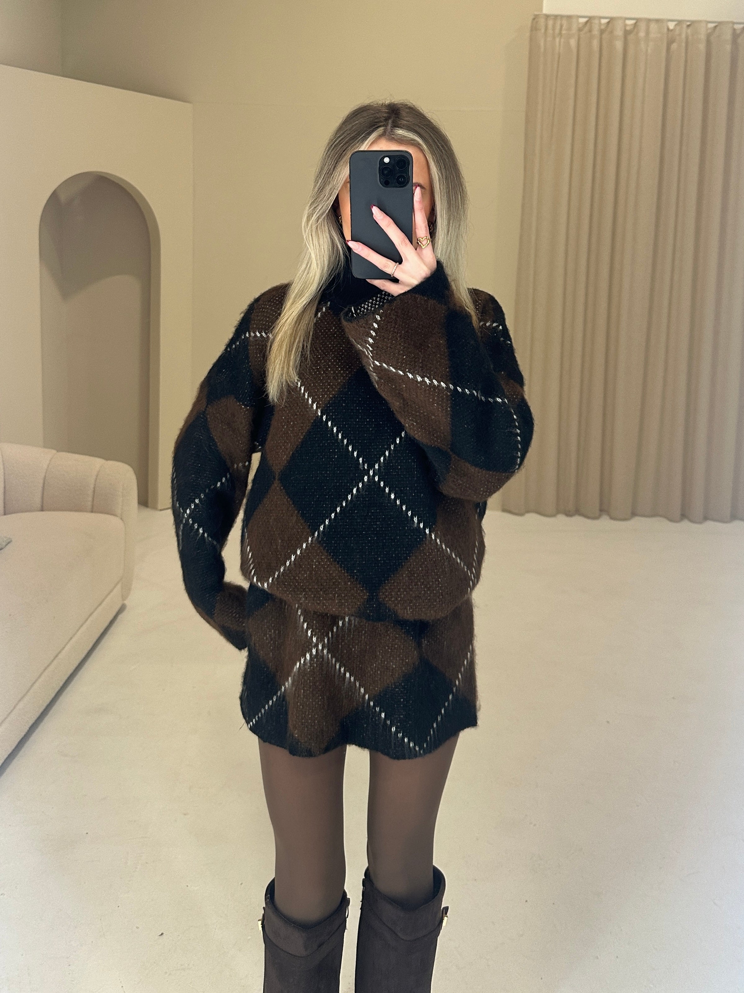 GRACE High Neck Knitted Argyle Jumper & Mini Skirt Co-Ord In Chocolate