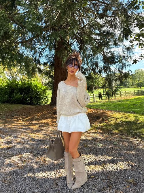 BLAIR Puff Ball High Waist Mini Skort In White