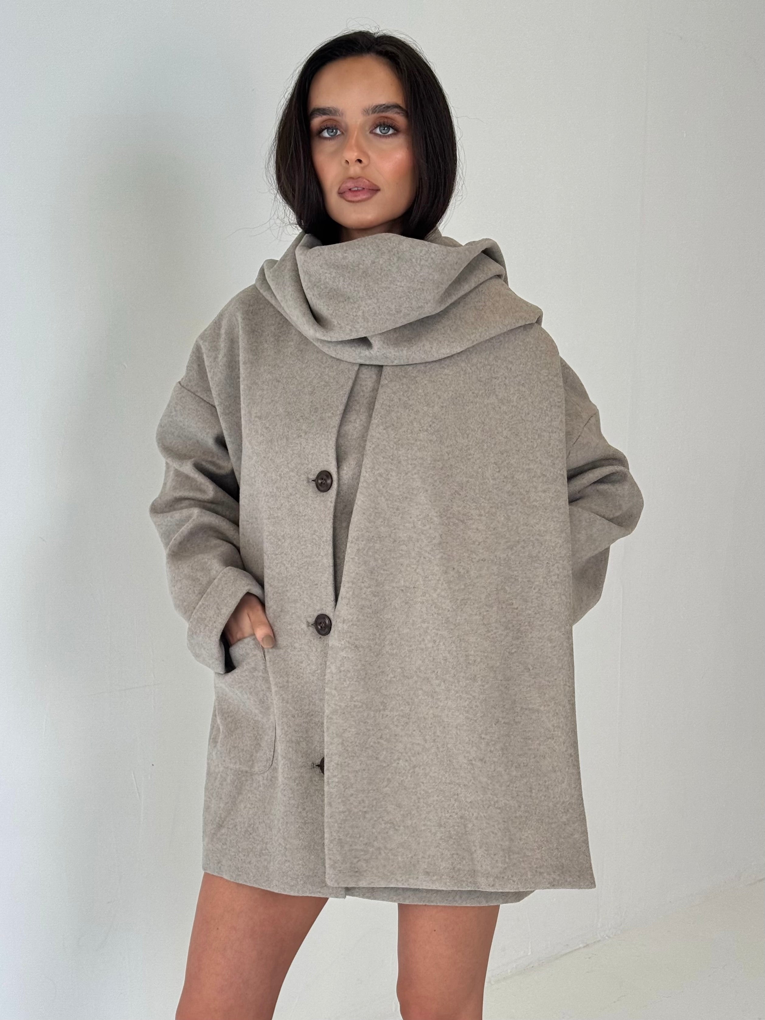 Caramella WINNIE Wool Look Button Up Jacket & Scarf In Oatmeal